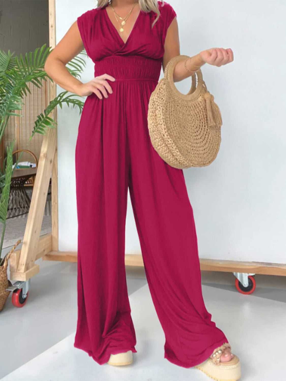 Smocked Cap Sleeve Wide Leg Jumpsuit-TOPS / DRESSES-[Adult]-[Female]-2022 Online Blue Zone Planet