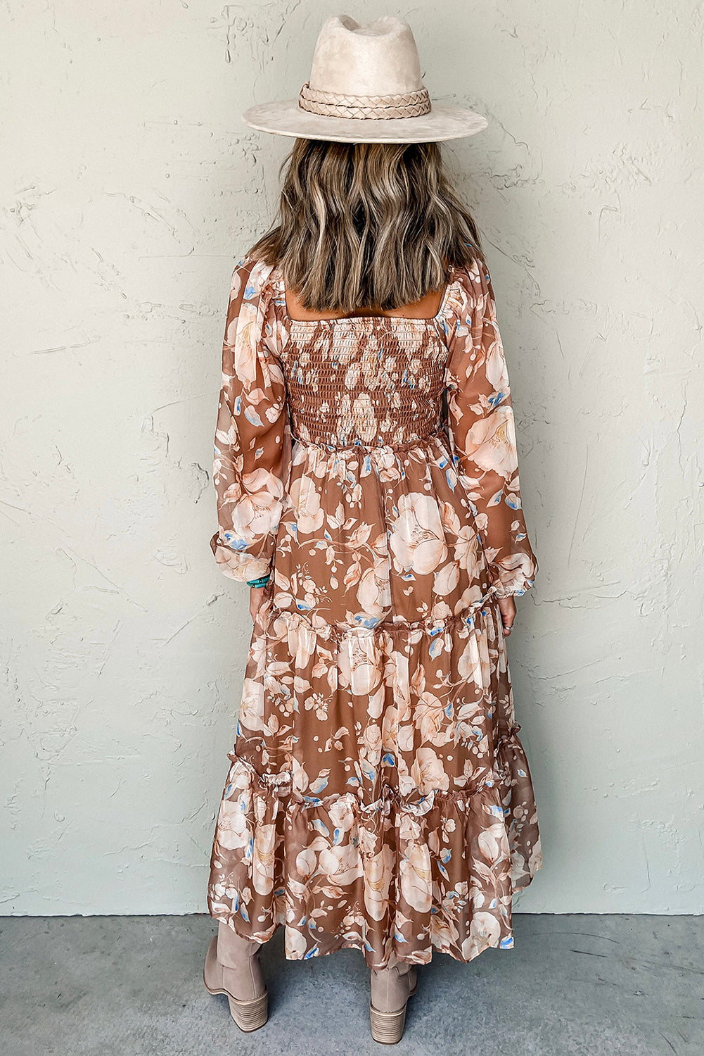 Brown Floral Print Shirred Square Neck High Waist Maxi Dress-Maxi Dresses-[Adult]-[Female]-2022 Online Blue Zone Planet