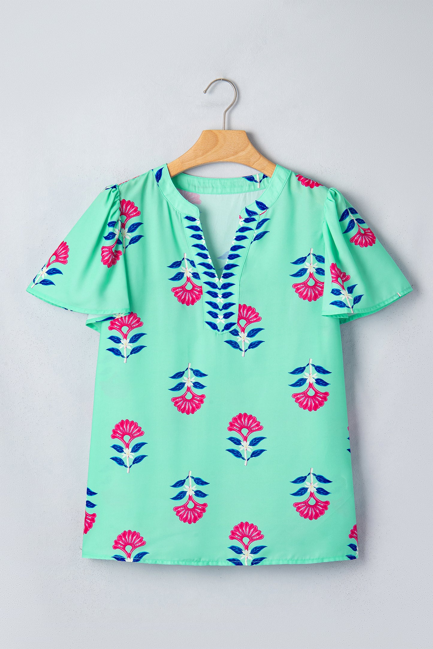 Green Floral V Neck Flutter Sleeve Blouse-Tops/Blouses & Shirts-[Adult]-[Female]-2022 Online Blue Zone Planet