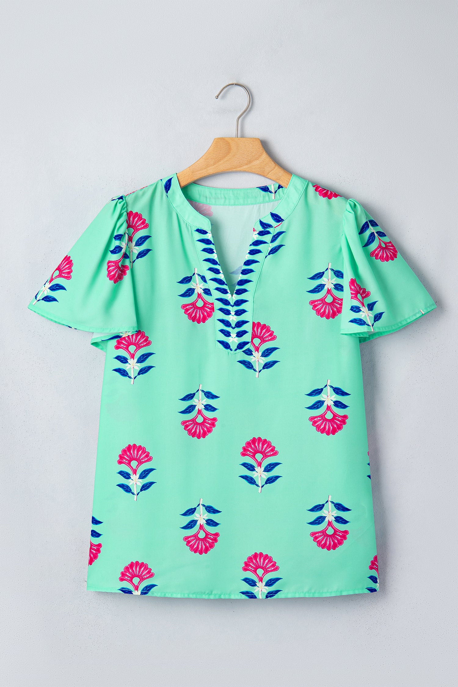 Green Floral V Neck Flutter Sleeve Blouse-Tops/Blouses & Shirts-[Adult]-[Female]-2022 Online Blue Zone Planet