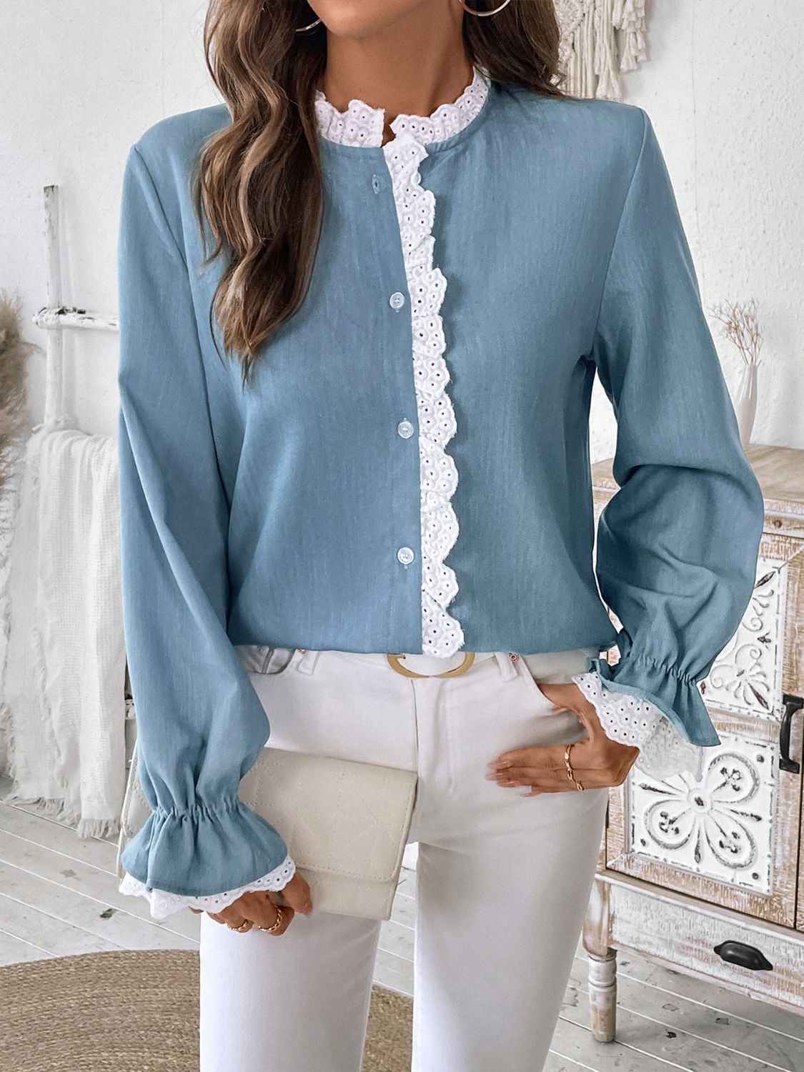 Perfee Lace Detail Button Down Long Sleeve Shirt-TOPS / DRESSES-[Adult]-[Female]-Light Blue-S-2022 Online Blue Zone Planet