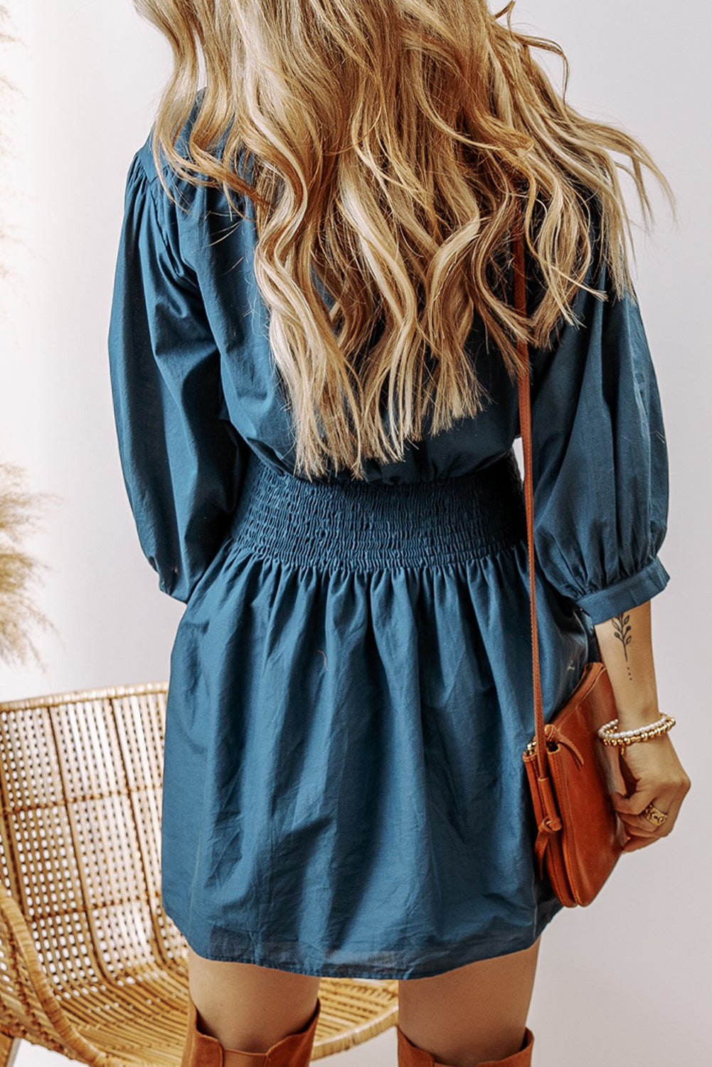 Prussian Blue 3/4 Sleeve Shirred High Waist Buttoned Mini Dress-Dresses/Mini Dresses-[Adult]-[Female]-2022 Online Blue Zone Planet