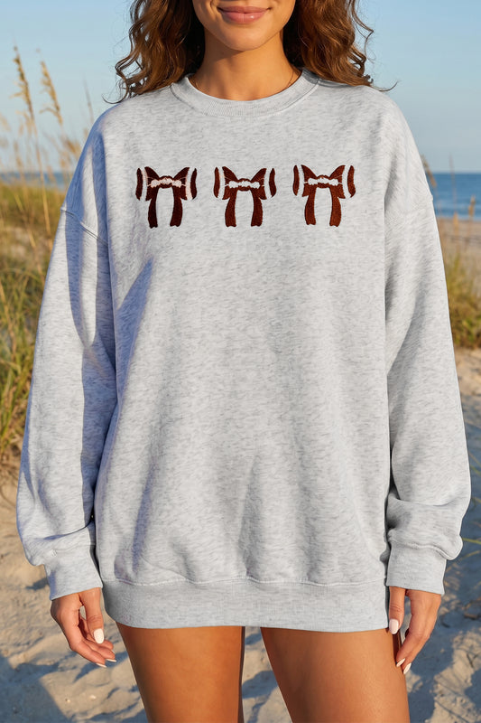 Gray Chenille Embroidered Rugby Bow Game Day Oversized Sweatshirt-Tops/Sweatshirts & Hoodies-[Adult]-[Female]-Gray-S-2022 Online Blue Zone Planet