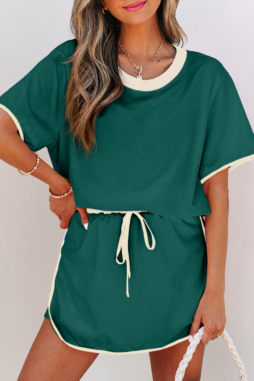 Evergreen Colorblock Edge Drop Shoulder T Shirt and Skirt 2Pcs Set-Two Piece Sets/Two Piece Dresses-[Adult]-[Female]-2022 Online Blue Zone Planet
