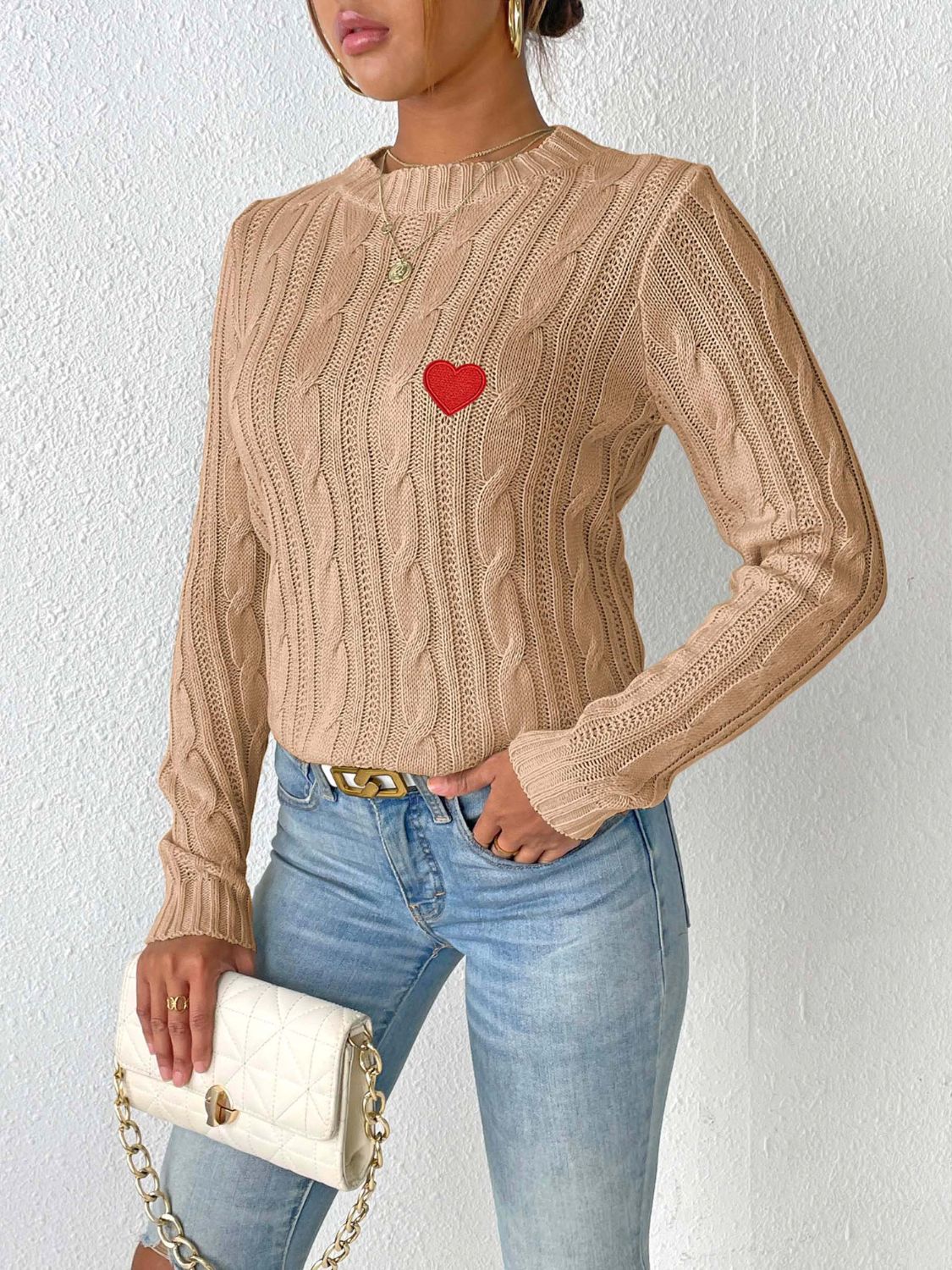 Blue Zone Planet | Cable-Knit Heart Round Neck Long Sleeve Sweater-TOPS / DRESSES-[Adult]-[Female]-2022 Online Blue Zone Planet