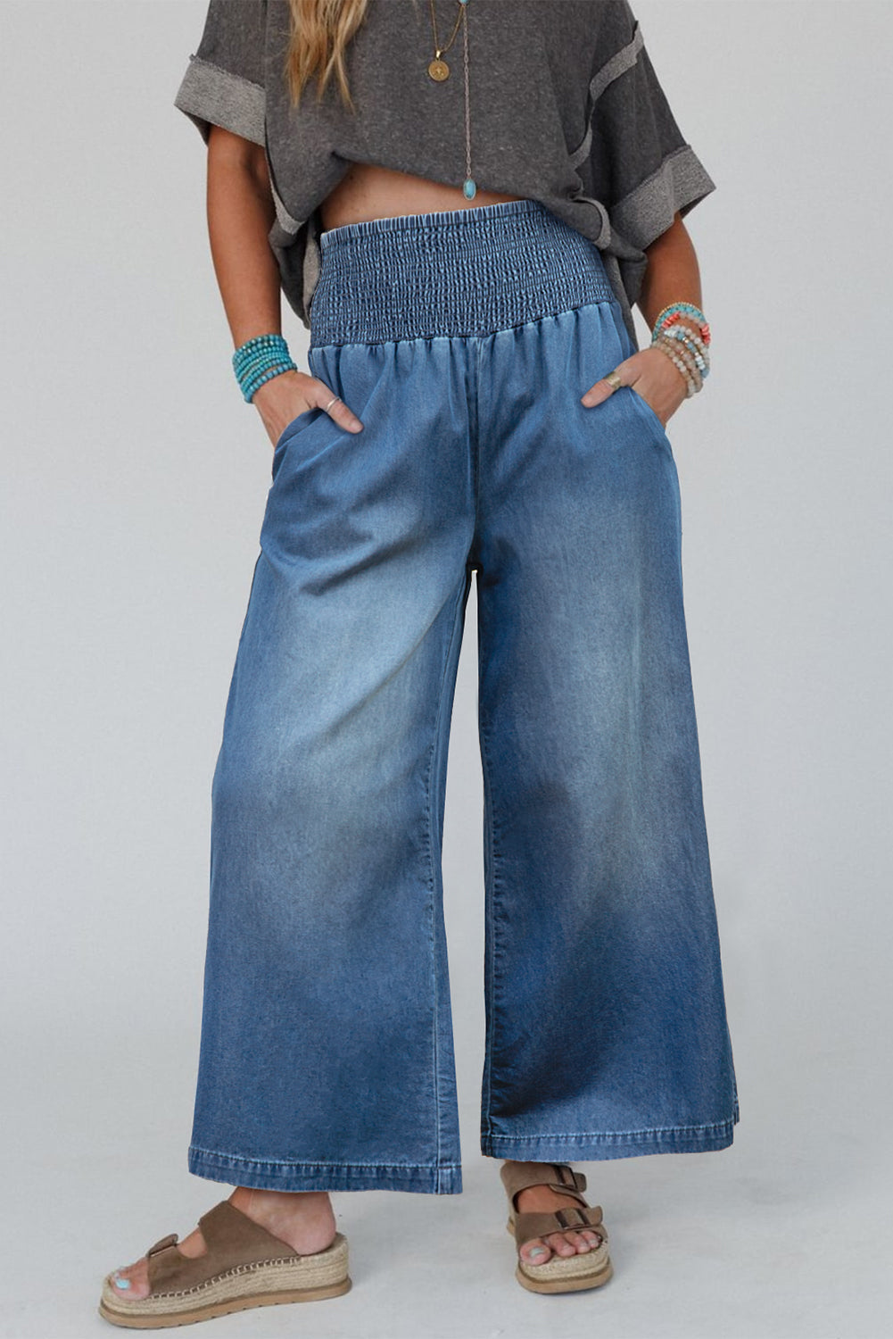 Blue Zone Planet |  Ashleigh Blue Smocked Waist Wide Leg Jeans