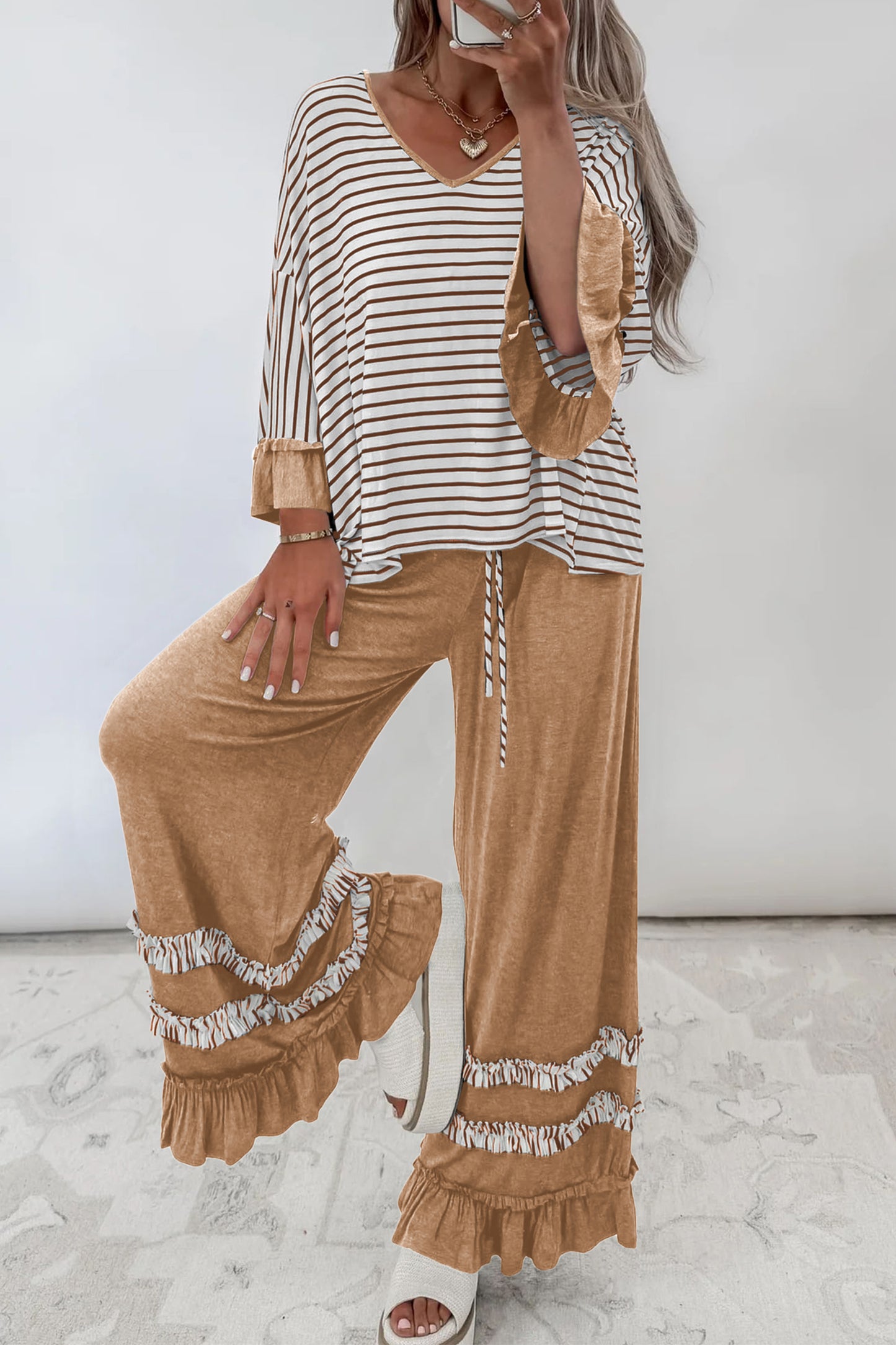Gray Stripe V Neck Ruffle Contrast Sleeve Top Drawstring Pants 2pcs Set
