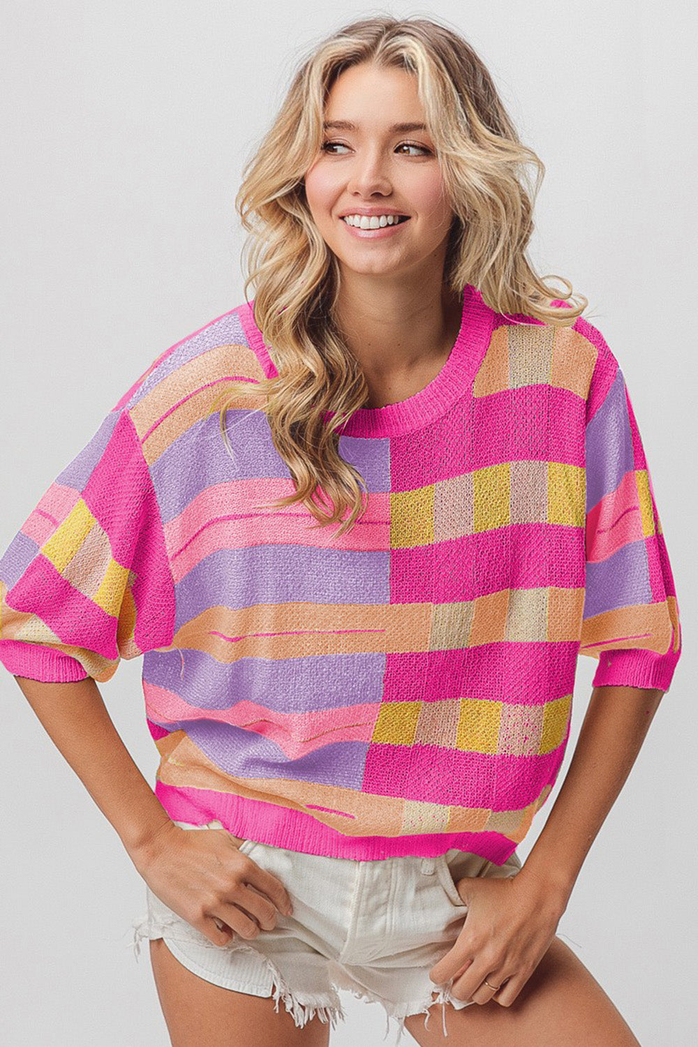 BiBi Multi Color Striped Round Neck Knit Top-TOPS / DRESSES-[Adult]-[Female]-Fuch/Peach/Lavn/Pink-S-2022 Online Blue Zone Planet