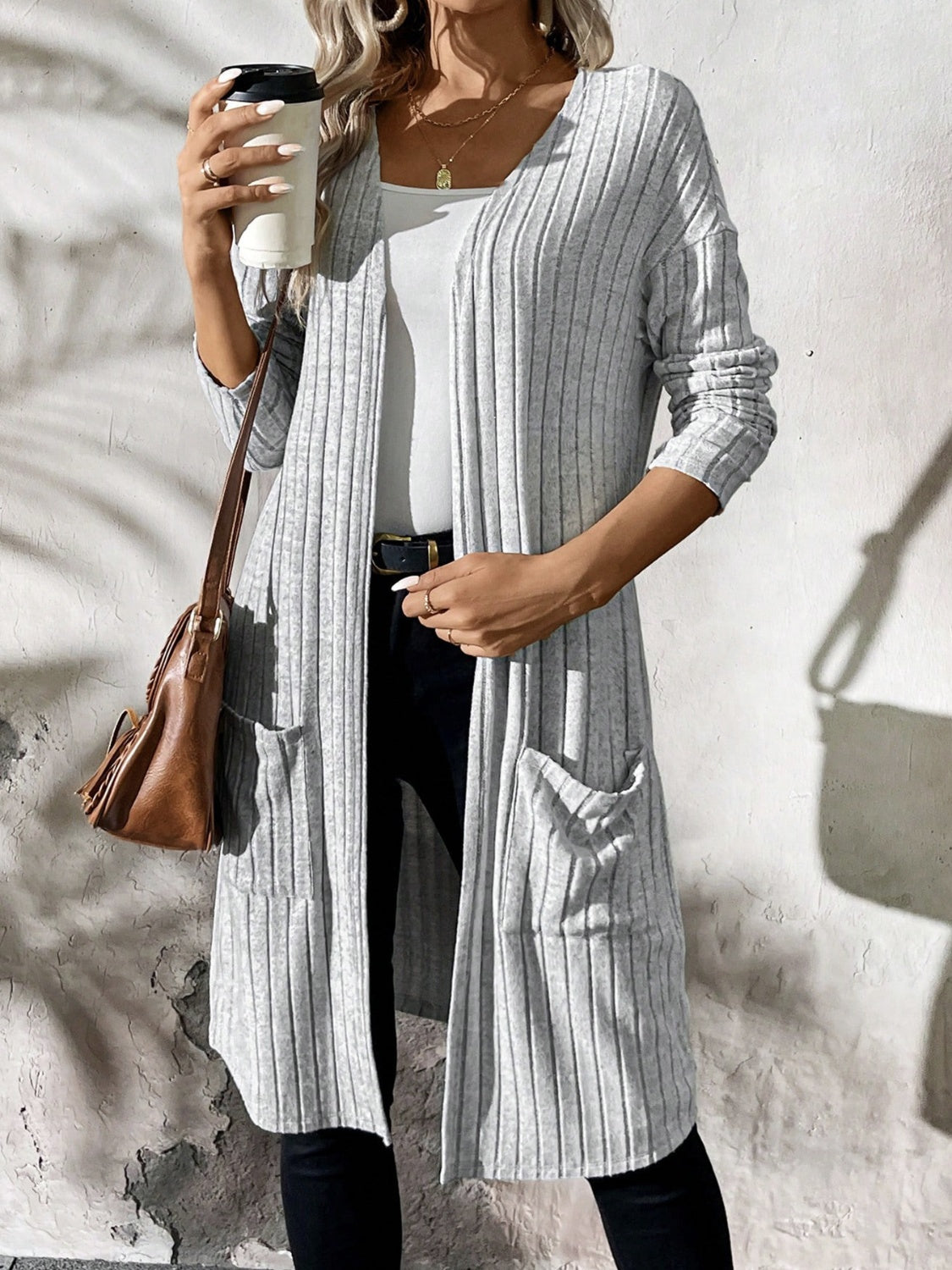 Ribbed Open Front Long Sleeve Cardigan with Pockets-TOPS / DRESSES-[Adult]-[Female]-Gray-S-2022 Online Blue Zone Planet