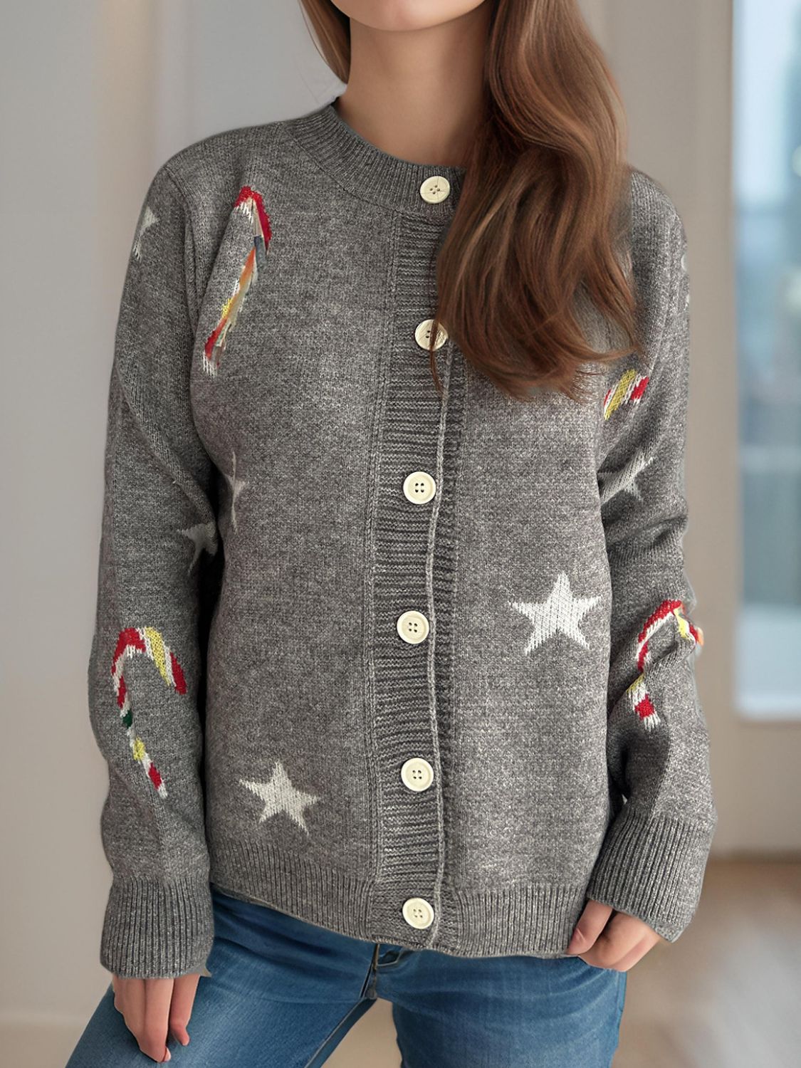 Candy Cane & Star Button Down Long Sleeve Cardigan-TOPS / DRESSES-[Adult]-[Female]-2022 Online Blue Zone Planet