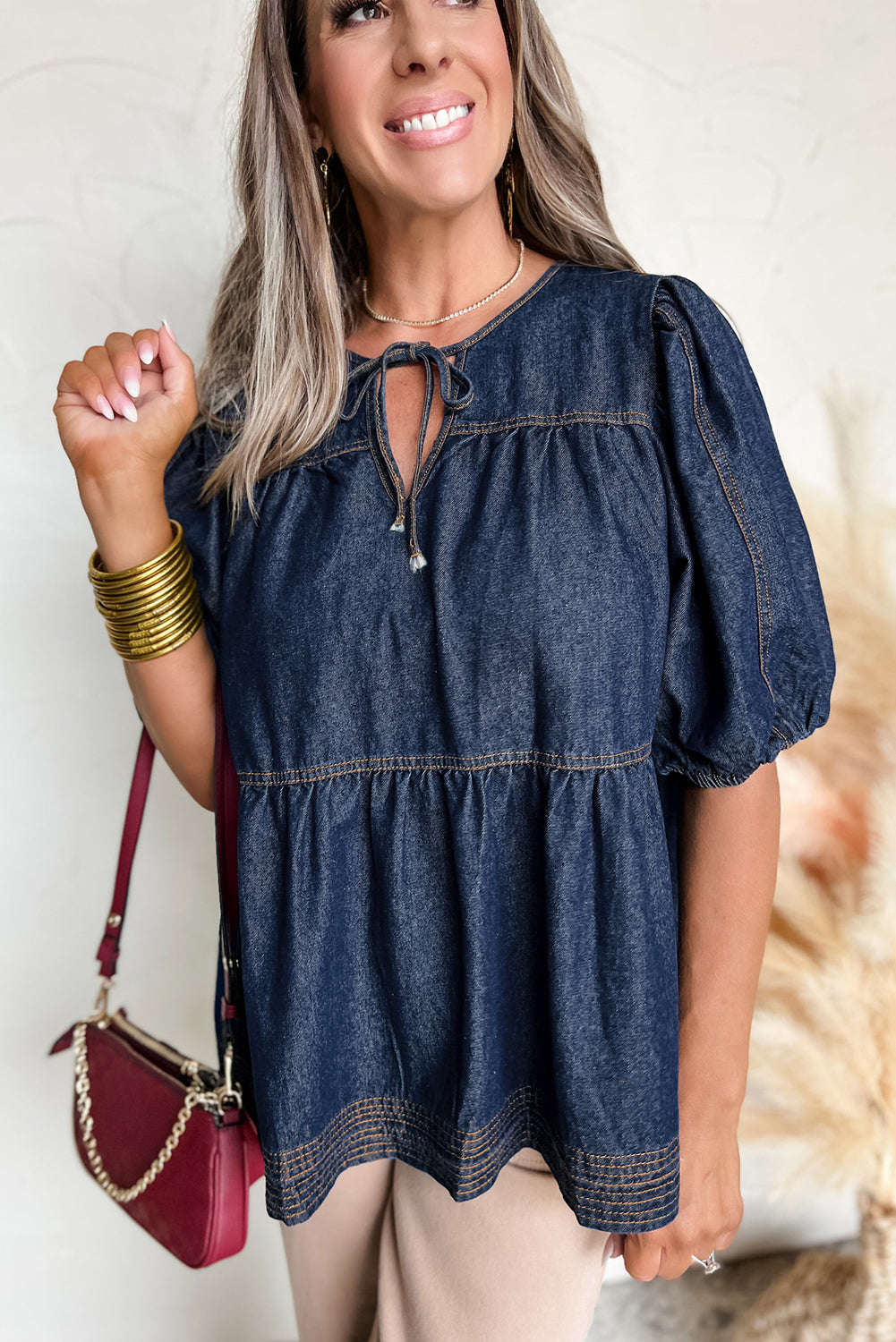 Sail Blue Puff Sleeve Lace-up Neckline Splicing Denim Blouse-Blouses-[Adult]-[Female]-2022 Online Blue Zone Planet