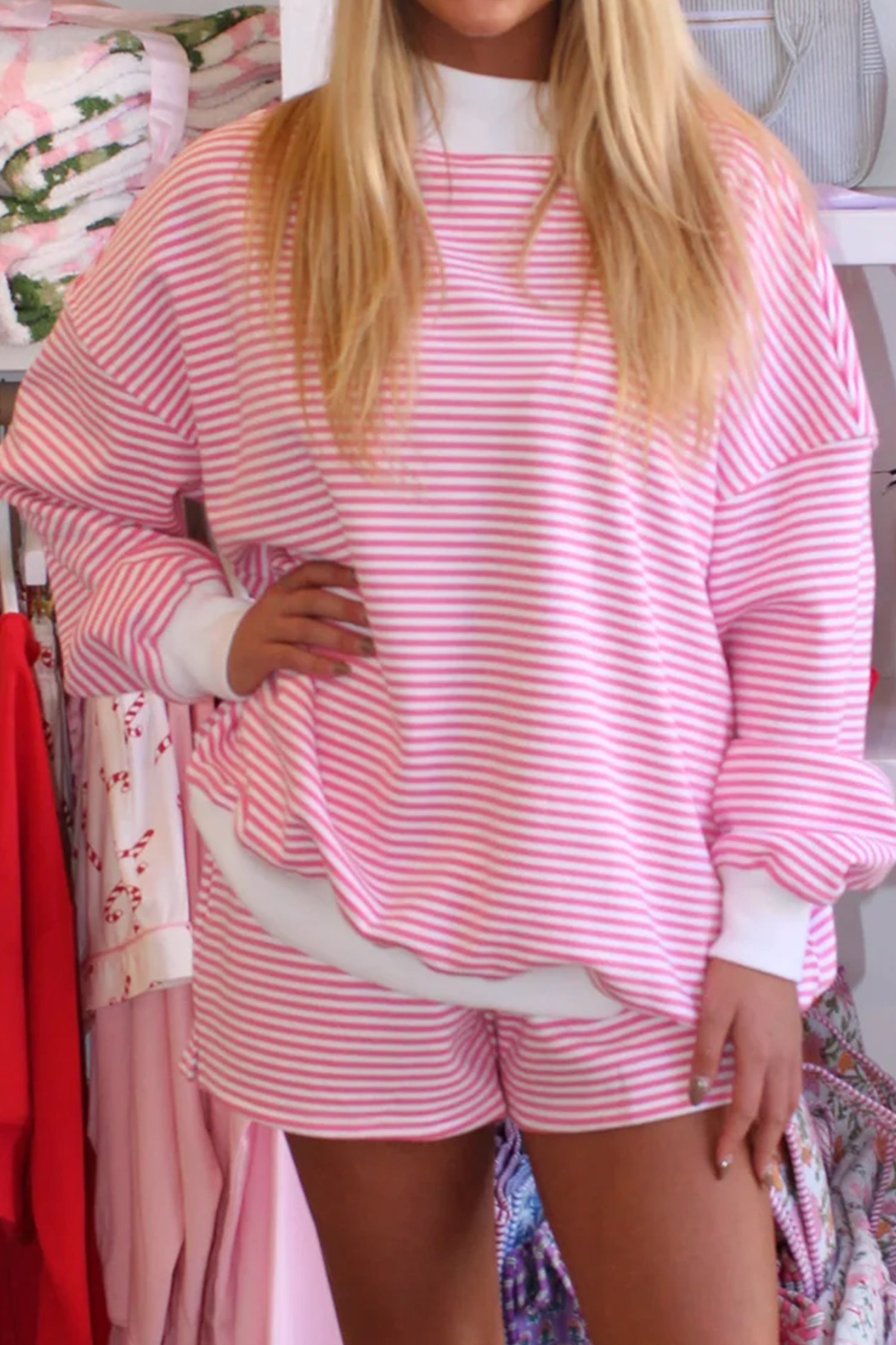 Pink Stripe Oversize Mock Neck Sweatshirt and Shorts Set-Two Piece Sets/Short Sets-[Adult]-[Female]-2022 Online Blue Zone Planet
