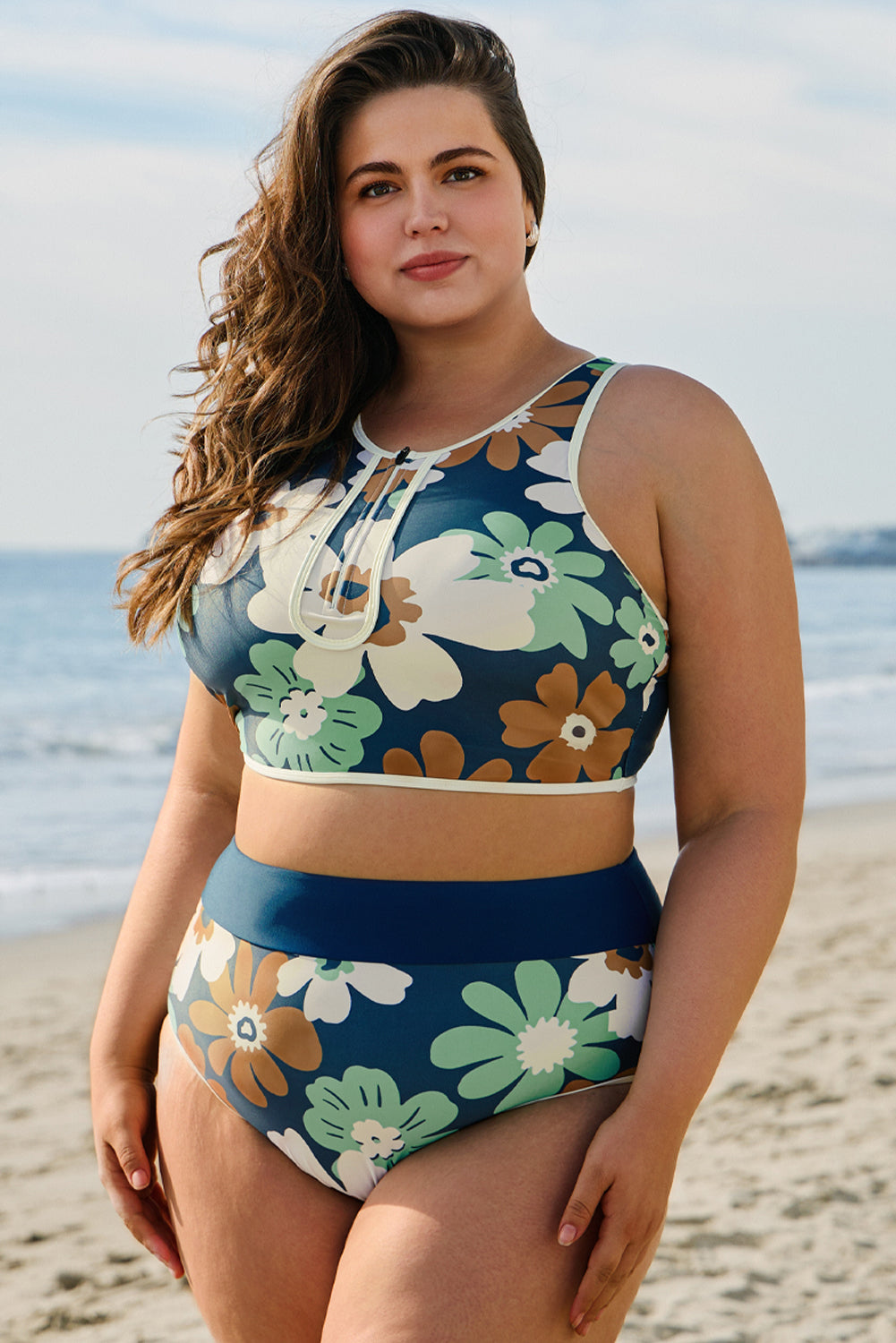 Green Floral Printed Zipped Plus Size Two Pieces Bikini-Plus Size/Plus Size Swimwear-[Adult]-[Female]-2022 Online Blue Zone Planet