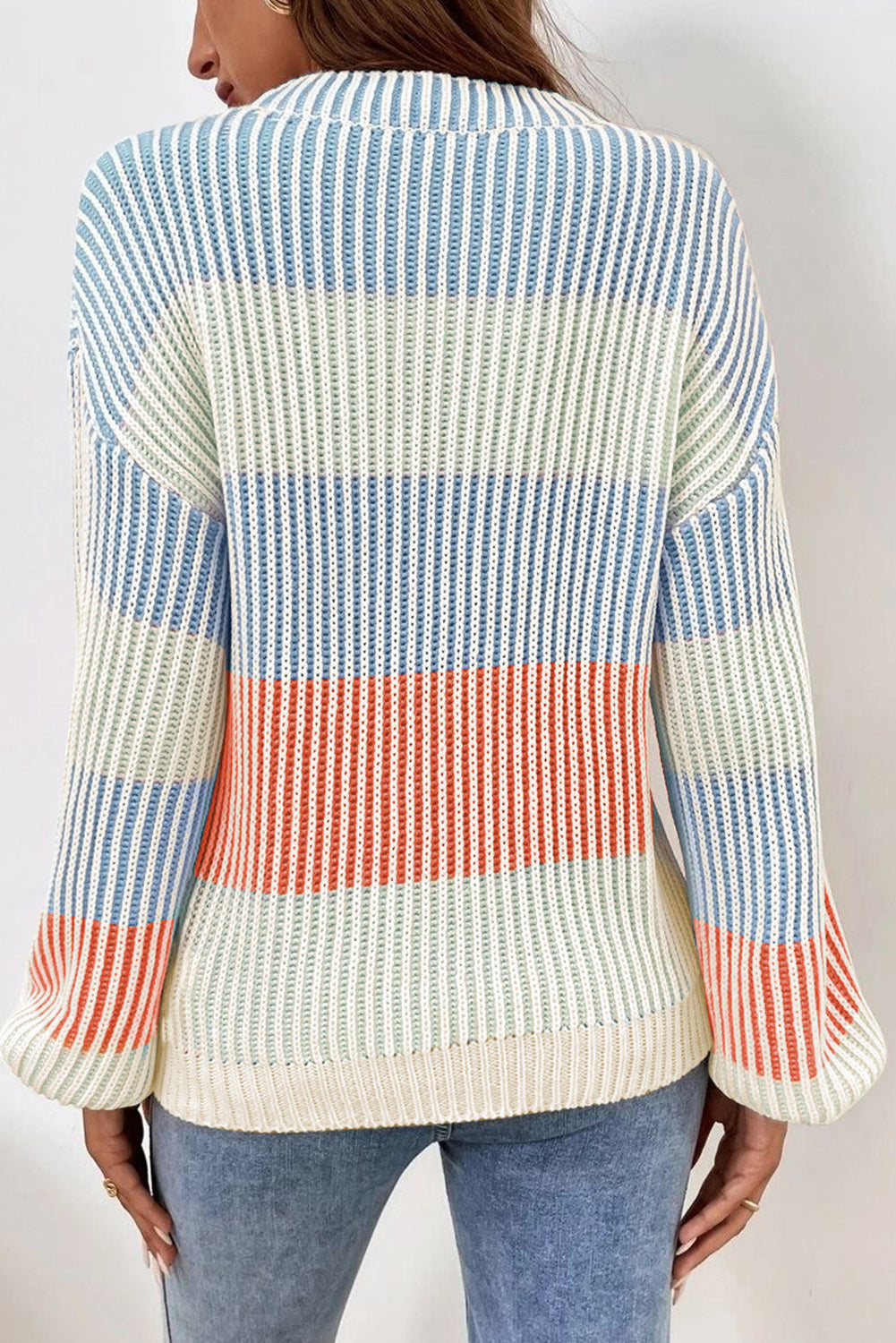 Multicolour Colorblock Textured Knit Bubble Sleeve Sweater-Sweaters & Cardigans/Sweaters-[Adult]-[Female]-2022 Online Blue Zone Planet