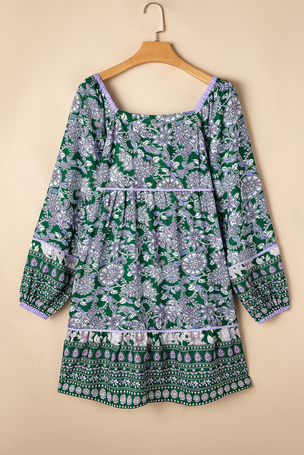 Blue Zone Planet | Green Floral Print Piping Trim Bubble Sleeve Square Neck Dress-TOPS / DRESSES-[Adult]-[Female]-2022 Online Blue Zone Planet