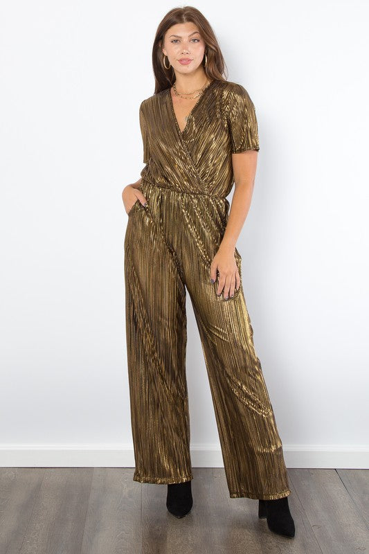 Be Stage Surplice Short Sleeve Pleated Foil Jumpsuit-TOPS / DRESSES-[Adult]-[Female]-Gold-S-2022 Online Blue Zone Planet