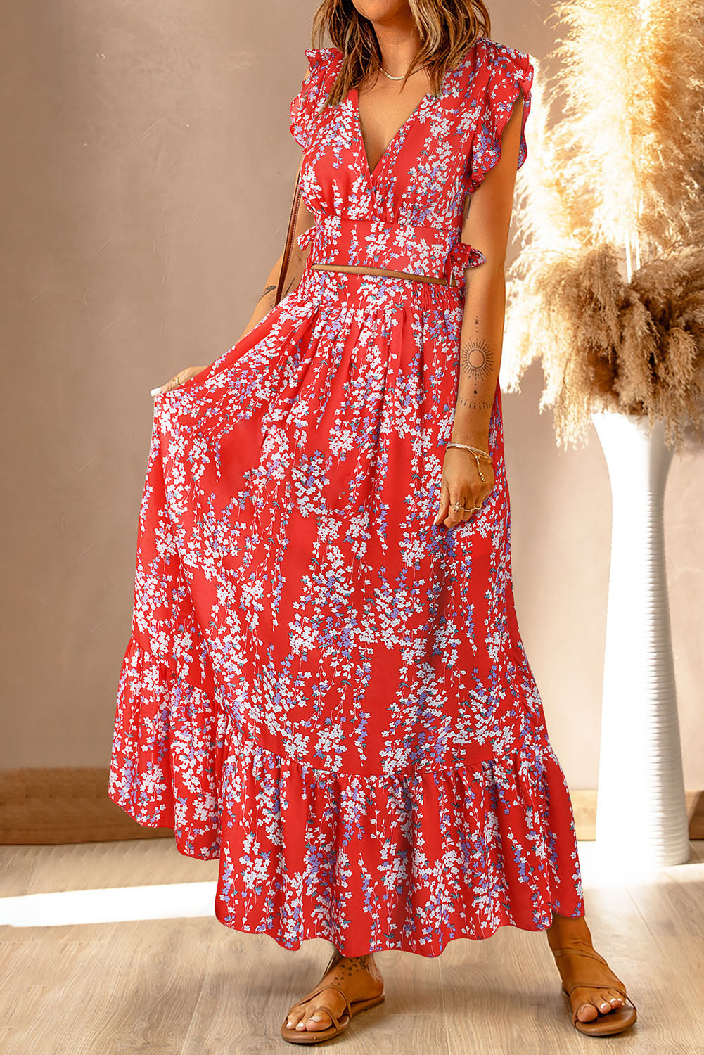 Blue Zone Planet | Fiery Red Multicolor Floral Ruffled Crop Top and Maxi Skirt Set-Two Piece Sets/Two Piece Dresses-[Adult]-[Female]-Red-S-2022 Online Blue Zone Planet