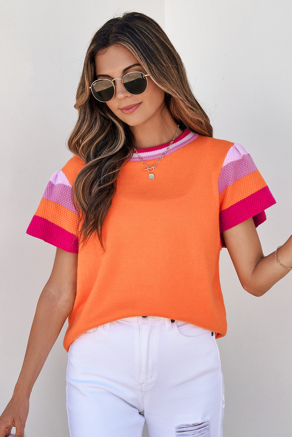 Carrot Contrast Flutter Sleeves Knitted Sweater T Shirt-Tops/Short Sleeve Sweaters-[Adult]-[Female]-2022 Online Blue Zone Planet