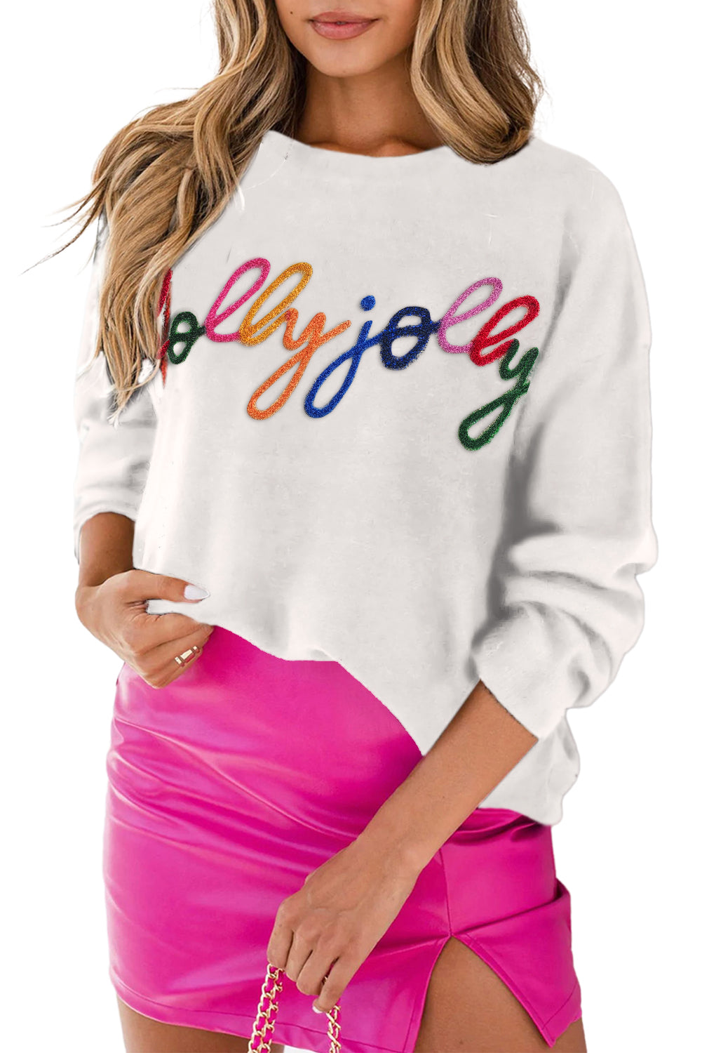 White Glitter Merry & Bright Round Neck Knit Sweater-Sweaters-[Adult]-[Female]-2022 Online Blue Zone Planet