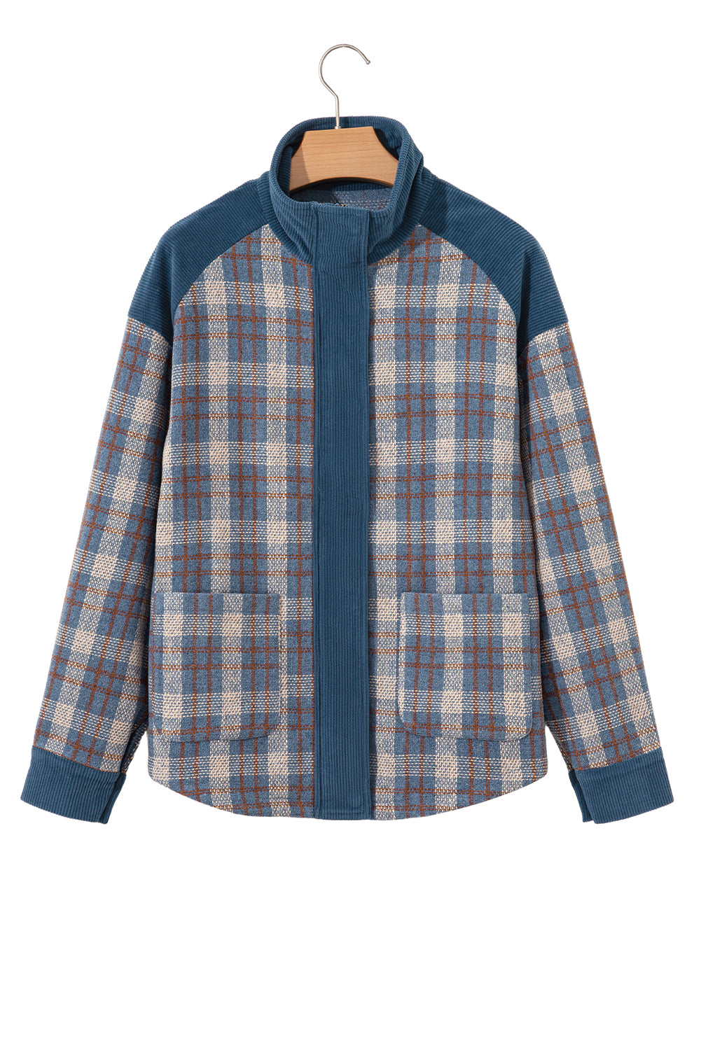 Gray Plaid Corduroy Patchwork Collared Zip Up Snap Button Jacket-Outerwear/Plaid Shackets-[Adult]-[Female]-2022 Online Blue Zone Planet