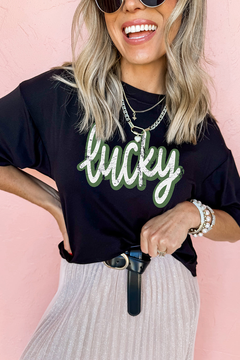 Black St Patricks Day lucky Cracked Letter Graphic T Shirt-Graphic/Graphic Tees-[Adult]-[Female]-2022 Online Blue Zone Planet