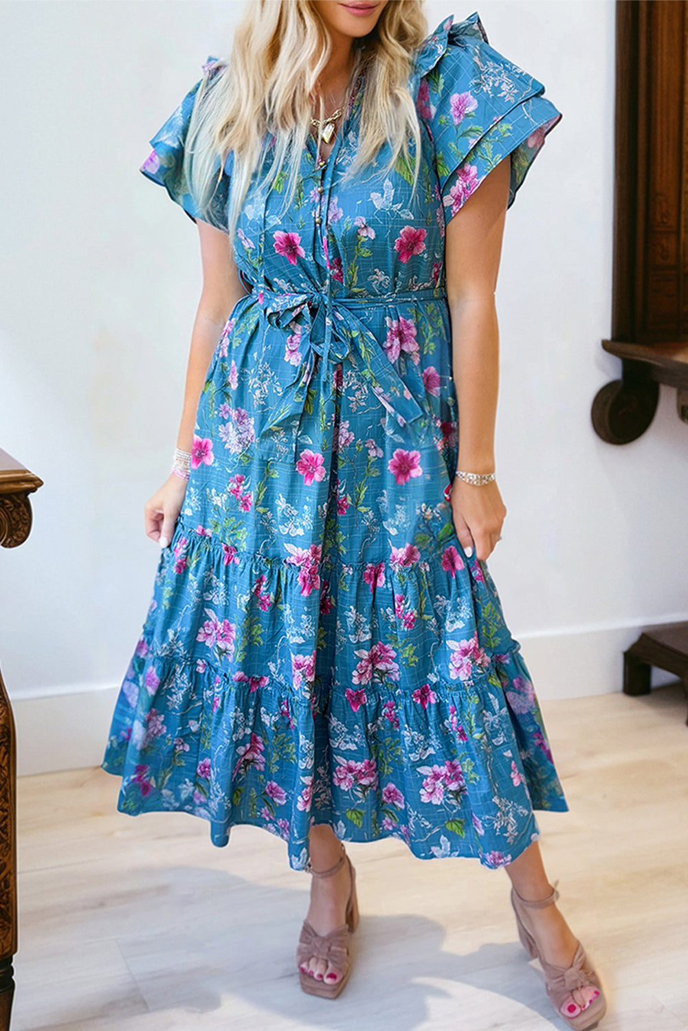 Blue Floral Flutter Sleeve Button Tie Split Neck Belted Long Dress-TOPS / DRESSES-[Adult]-[Female]-Blue-S-2022 Online Blue Zone Planet