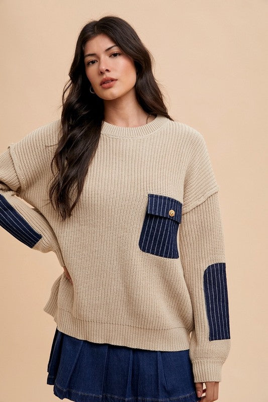 Blue Zone Planet | Annie Wear Contrast Round Neck Drop Shoulder Sweater with Patch Pocket-TOPS / DRESSES-[Adult]-[Female]-Khaki-S-2022 Online Blue Zone Planet