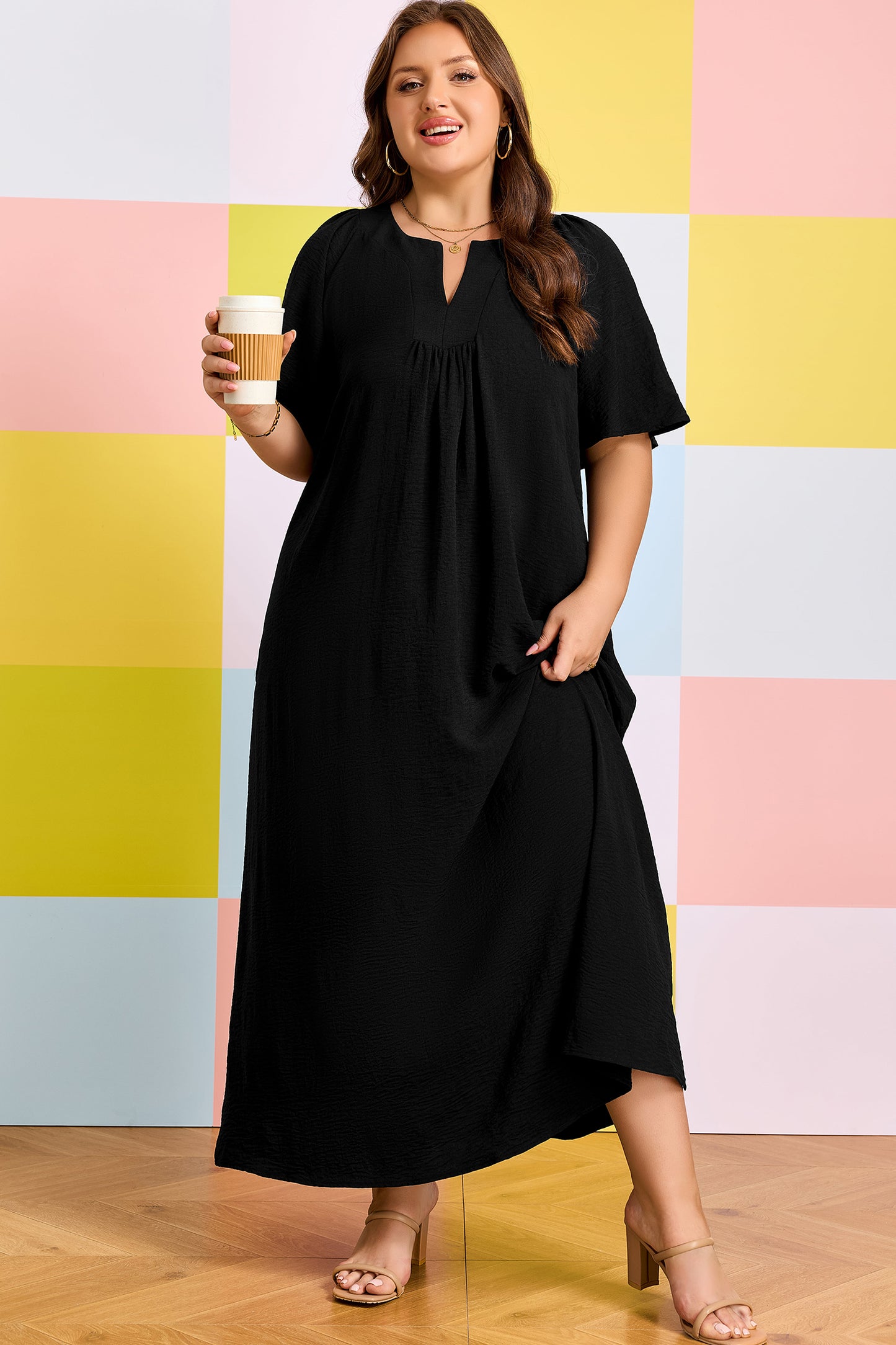 Black Plus Size Solid Color Notched Neck Short Sleeve Loose Dress-TOPS / DRESSES-[Adult]-[Female]-2022 Online Blue Zone Planet
