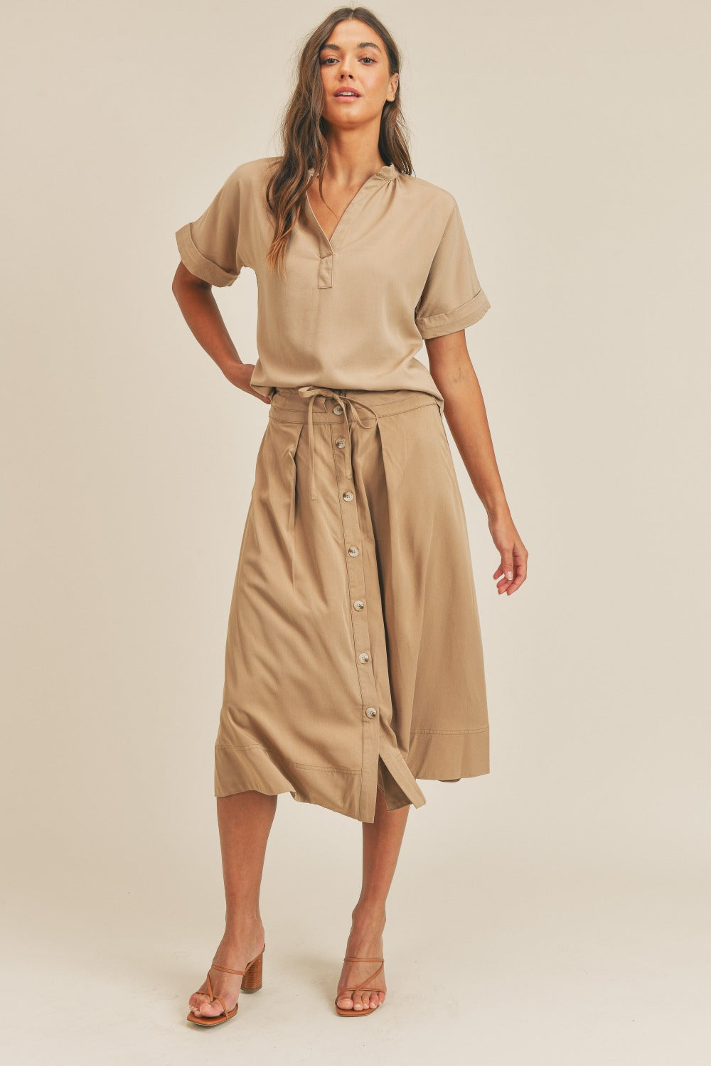 MABLE Short Sleeve Top and Button Down Midi Skirt Set-TOPS / DRESSES-[Adult]-[Female]-Taupe-S-2022 Online Blue Zone Planet