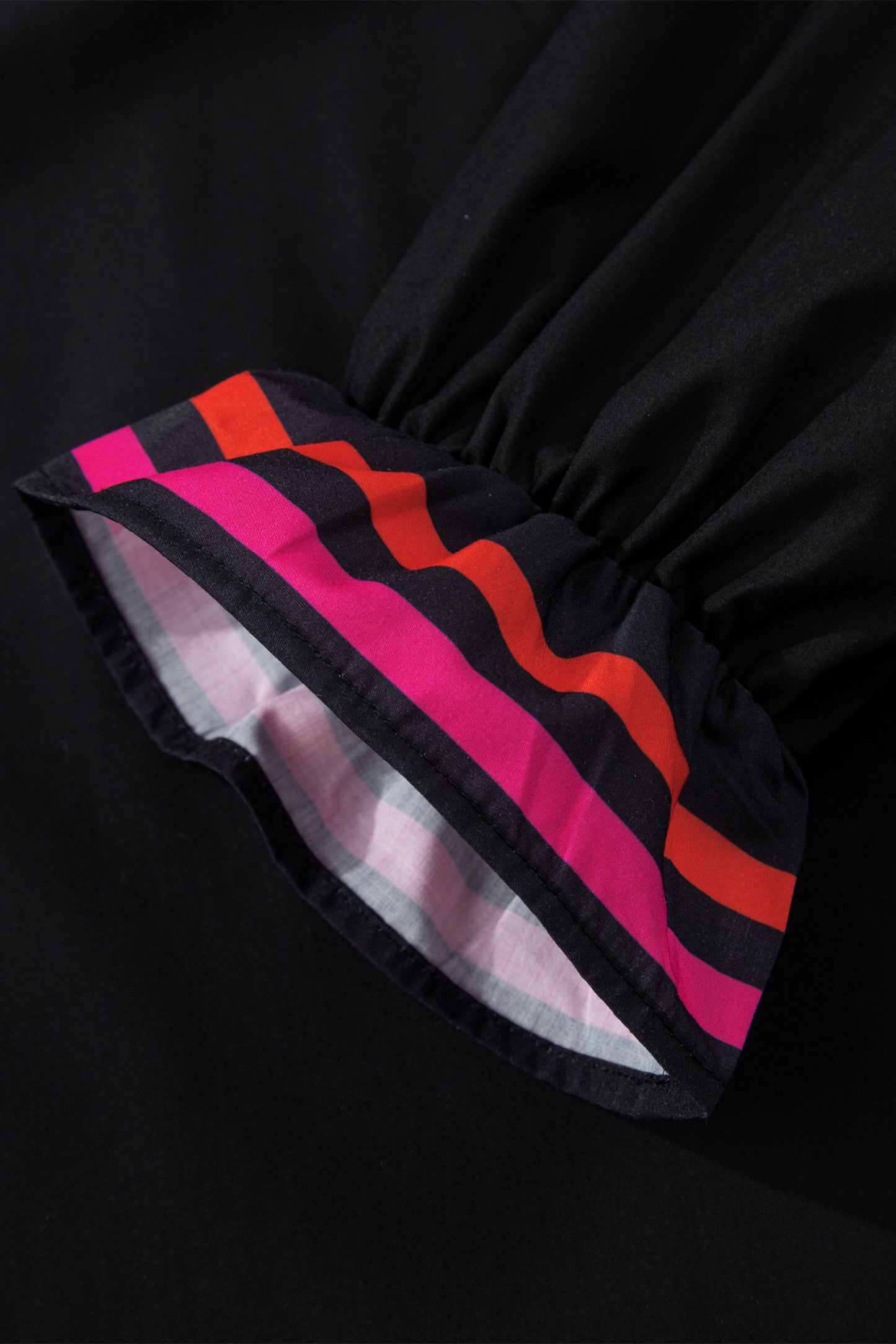 Black Striped Trim Ruffle Split Neck Long Sleeve Blouse-Tops/Blouses & Shirts-[Adult]-[Female]-2022 Online Blue Zone Planet