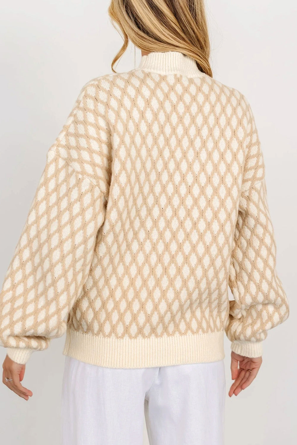 Oatmeal Diamond Knit Drop Shoulder Loose Sweater-Sweaters & Cardigans/Sweaters-[Adult]-[Female]-2022 Online Blue Zone Planet