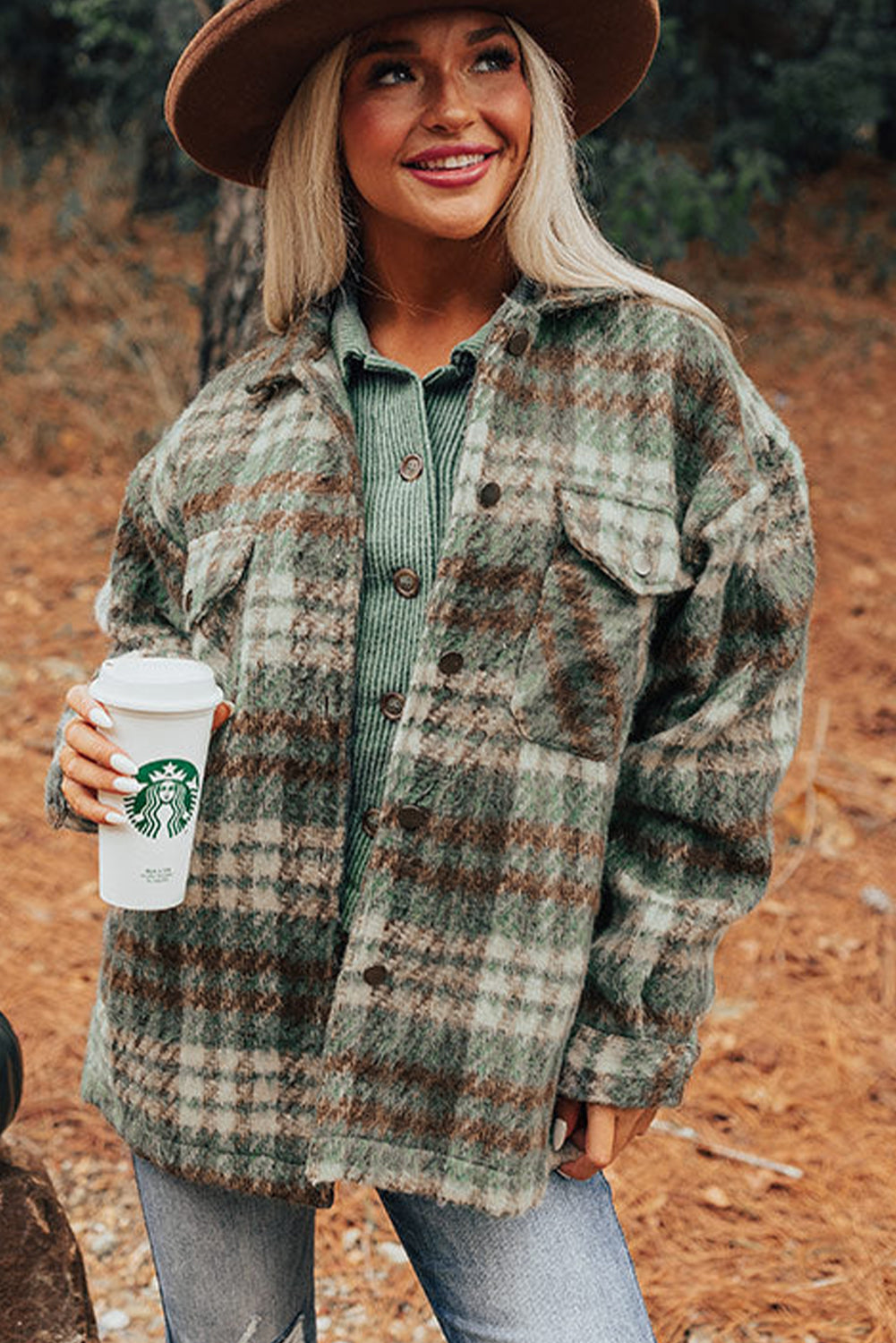 Cinnamon Plaid Print Chest Pockets Turn Down Collar Shacket-Outerwear/Plaid Shackets-[Adult]-[Female]-2022 Online Blue Zone Planet