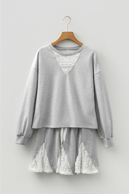 Light Grey Lace Patchwork Drop Shoulder Pullover Drawstring Skort 2pcs Outfit-Two Piece Sets/Two Piece Dresses-[Adult]-[Female]-2022 Online Blue Zone Planet