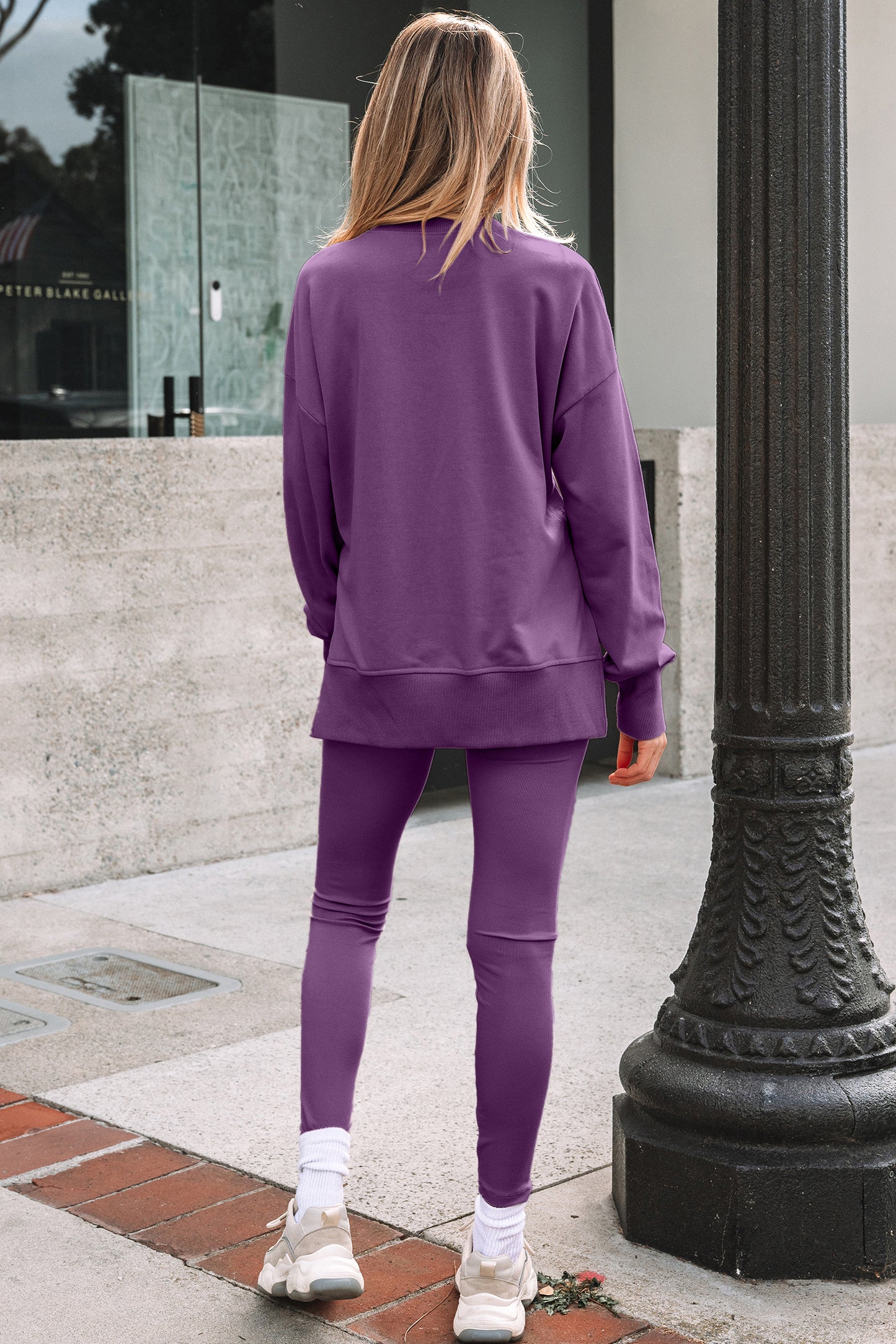 Orchid Mist Solid Color Oversize Slit Sweatshirt Ribbed Leggings 2pcs Set-Two Piece Sets/Pant Sets-[Adult]-[Female]-2022 Online Blue Zone Planet
