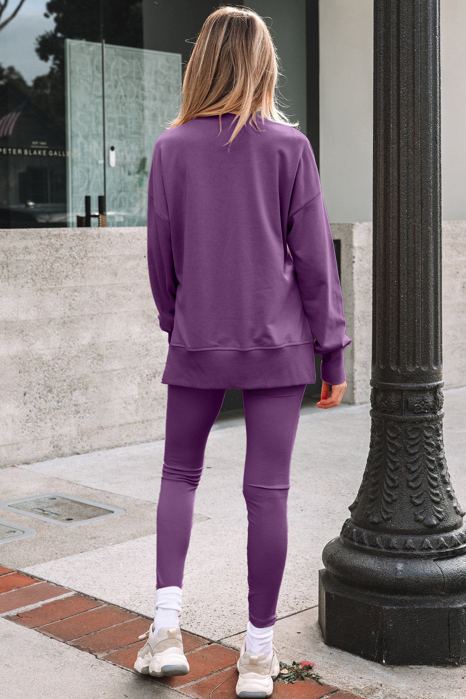 Orchid Mist Solid Color Oversize Slit Sweatshirt Ribbed Leggings 2pcs Set-Two Piece Sets/Pant Sets-[Adult]-[Female]-2022 Online Blue Zone Planet
