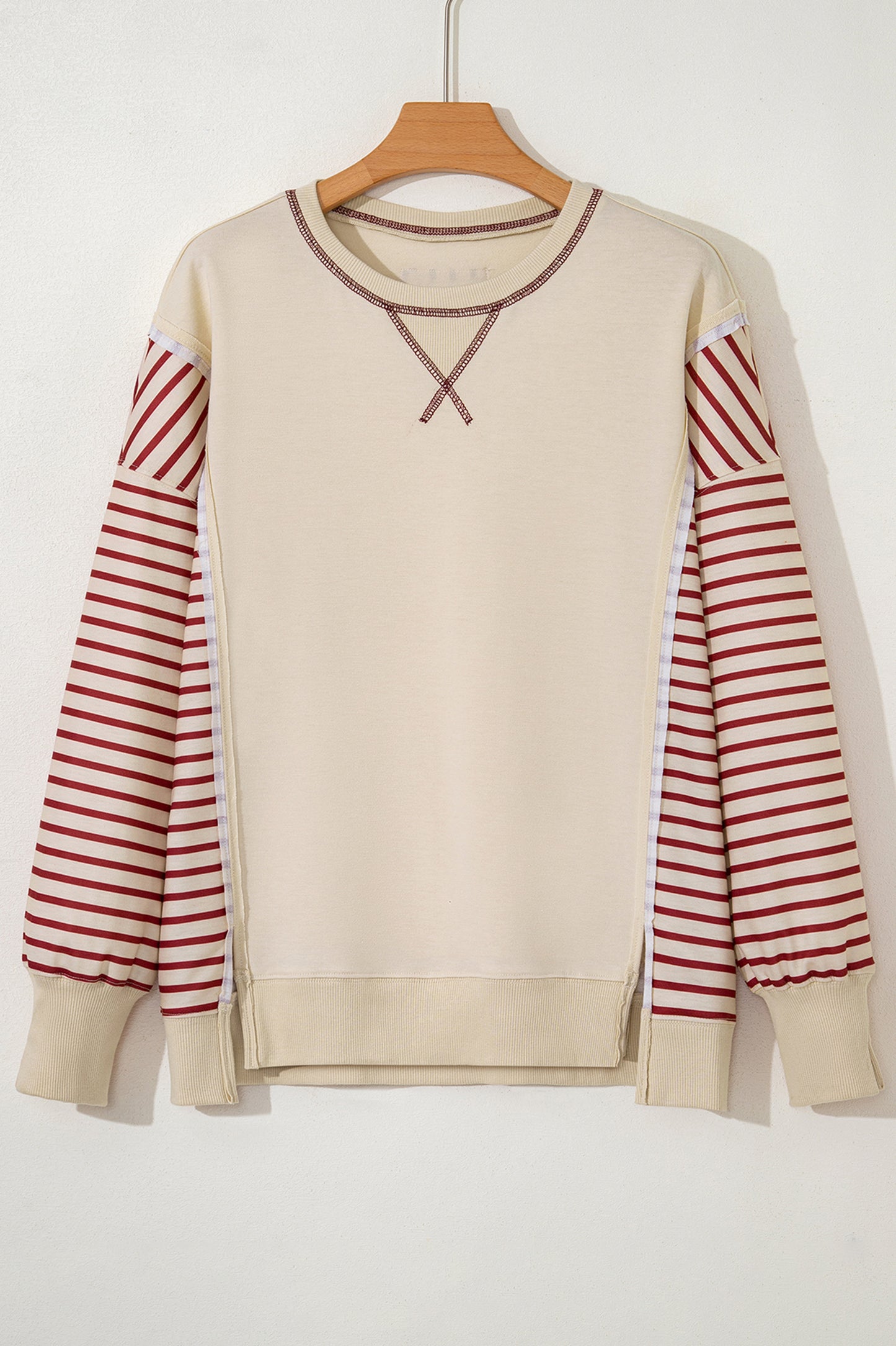 Red Stripe Sleeve Patchwork Casual Knit Top-Tops/Long Sleeve Tops-[Adult]-[Female]-2022 Online Blue Zone Planet