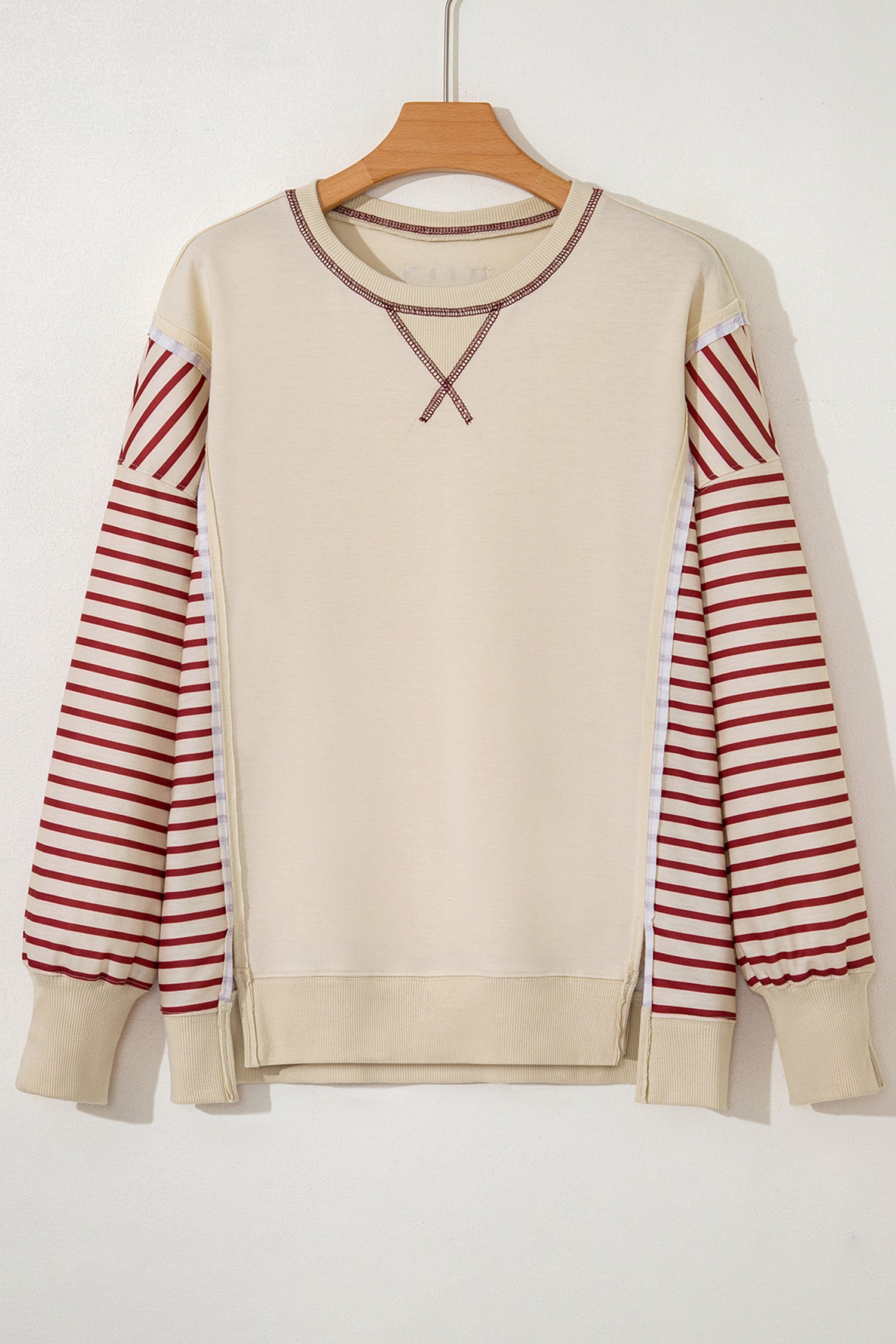 Red Stripe Sleeve Patchwork Casual Knit Top-Tops/Long Sleeve Tops-[Adult]-[Female]-2022 Online Blue Zone Planet
