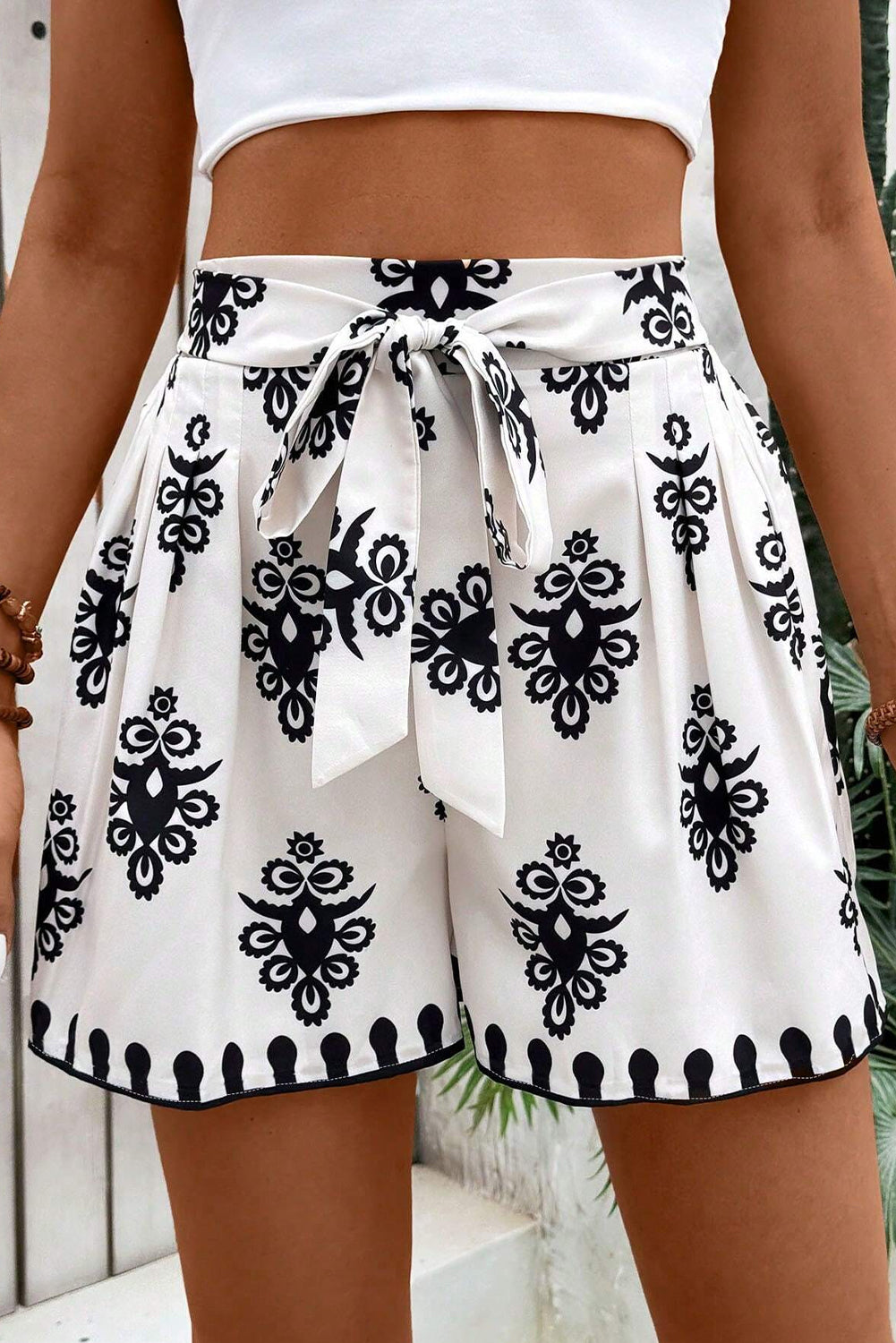 Black Tribal Geometric Print Belted High Waist Casual Shorts-Bottoms/Casual Shorts-[Adult]-[Female]-2022 Online Blue Zone Planet