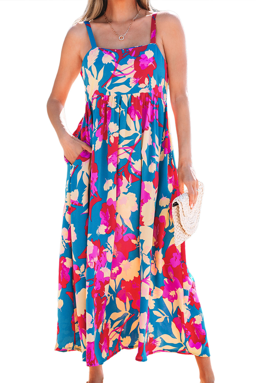 Dark Blue Floral High Waist Sleeveless Flared Long Dress-TOPS / DRESSES-[Adult]-[Female]-2022 Online Blue Zone Planet