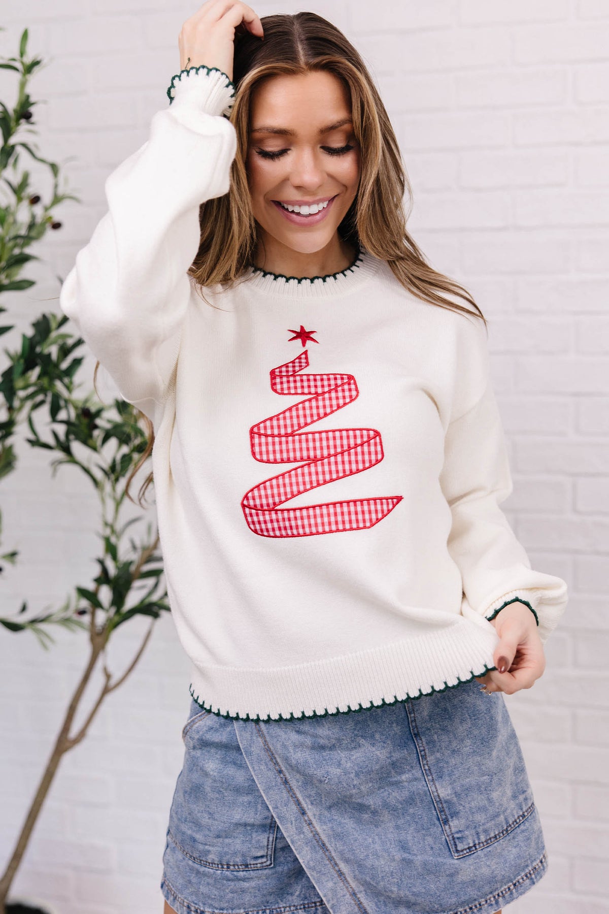 Beige Stitched Detail Christmas Tree Holiday Casual Sweater-Sweaters & Cardigans-[Adult]-[Female]-2022 Online Blue Zone Planet