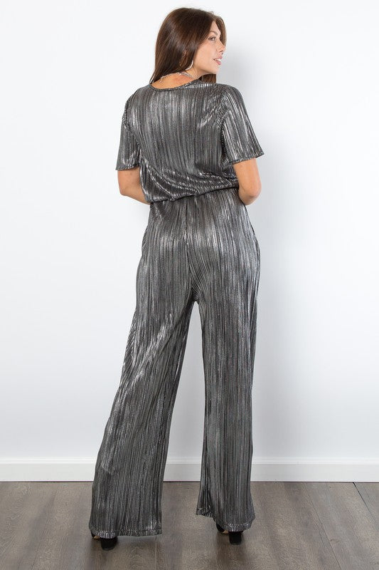 Be Stage Surplice Short Sleeve Pleated Foil Jumpsuit-TOPS / DRESSES-[Adult]-[Female]-2022 Online Blue Zone Planet