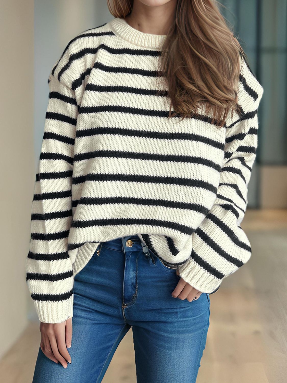 Blue Zone Planet | Striped Round Neck Long Sleeve Sweater-TOPS / DRESSES-[Adult]-[Female]-2022 Online Blue Zone Planet