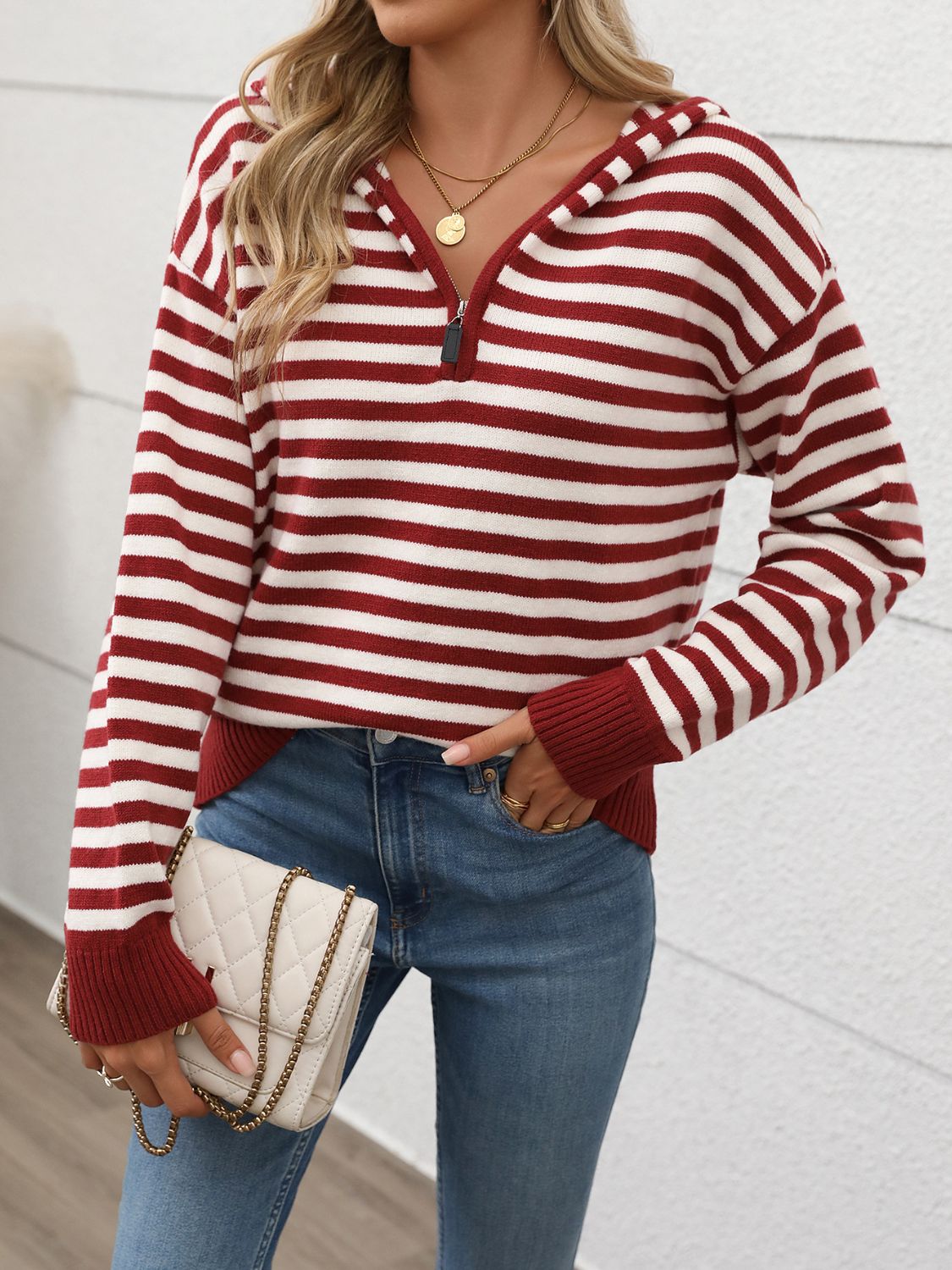 Perfee Striped Long Sleeve Hooded Sweater-TOPS / DRESSES-[Adult]-[Female]-2022 Online Blue Zone Planet