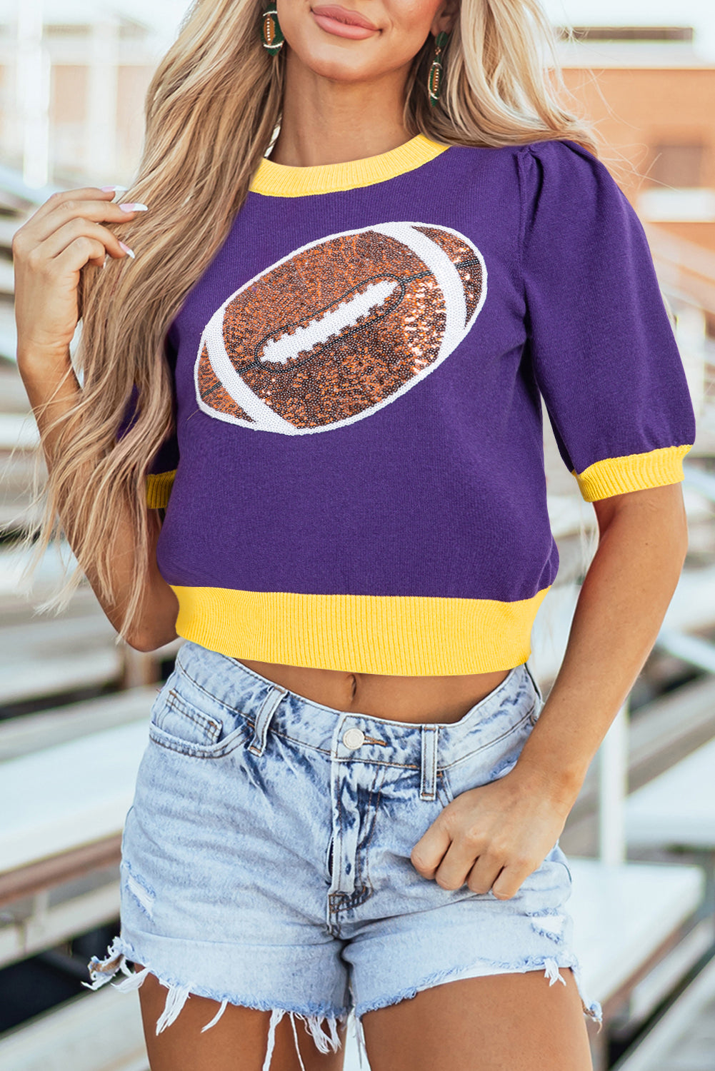 Blue Zone Planet | Pink Sequin Rugby Color Block Puff Short Sleeve Sweater-Sweaters & Cardigans/Short Sleeve Sweaters-[Adult]-[Female]-Purple-S-2022 Online Blue Zone Planet