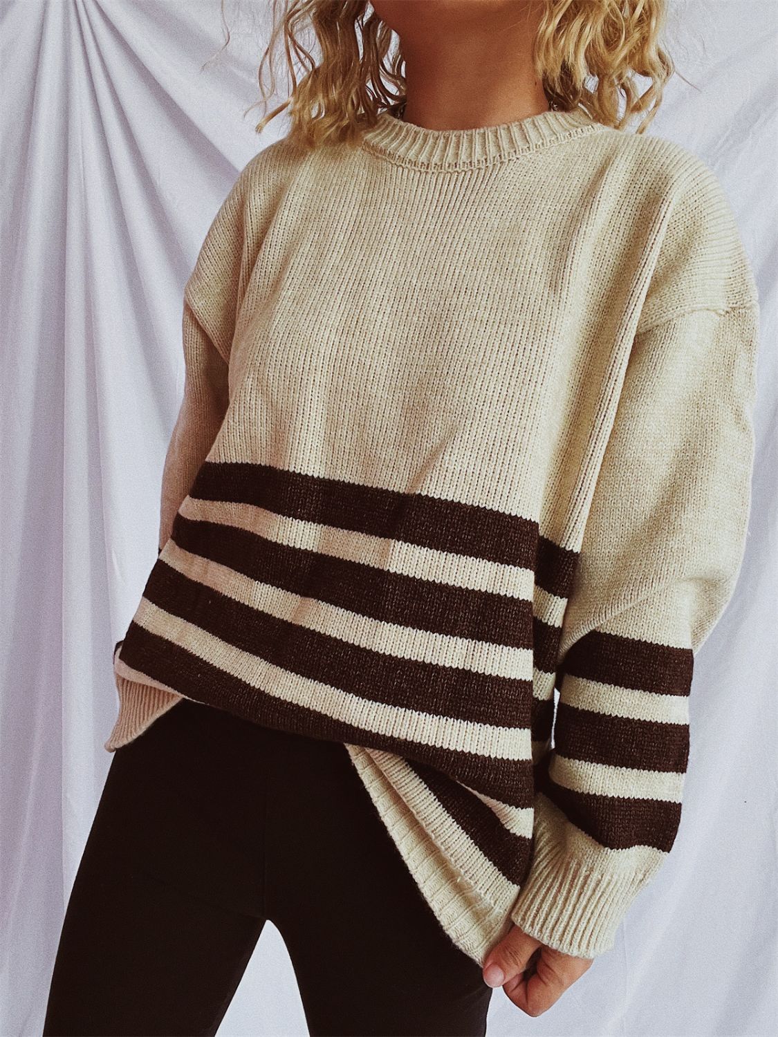 Striped Dropped Shoulder Long Sleeve Sweater-TOPS / DRESSES-[Adult]-[Female]-Tan-One Size-2022 Online Blue Zone Planet