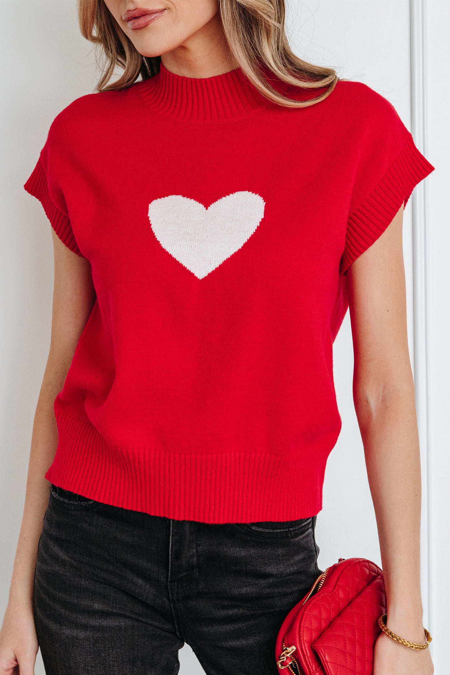 Fiery Red Valentine Heart Graphic Cropped Short Sleeve Sweater-TOPS / DRESSES-[Adult]-[Female]-2022 Online Blue Zone Planet