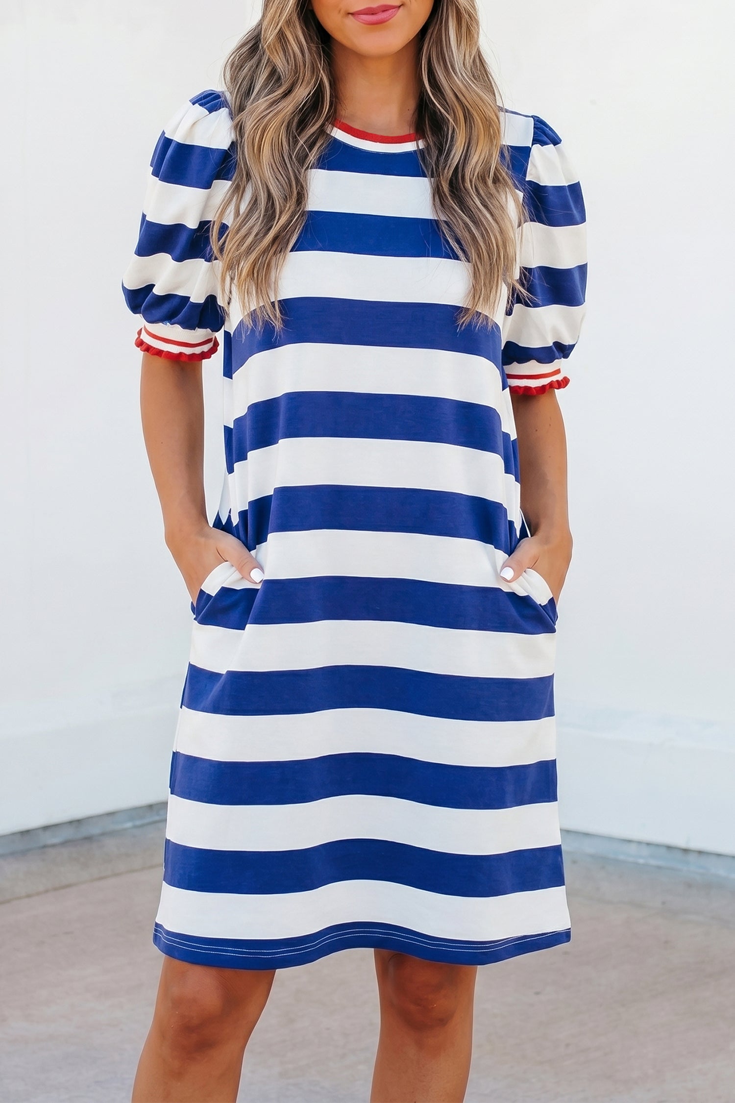 Blue Stripe Contrast Trim Round Neck Short Puff Sleeve Shift Mini Dress-TOPS / DRESSES-[Adult]-[Female]-2022 Online Blue Zone Planet
