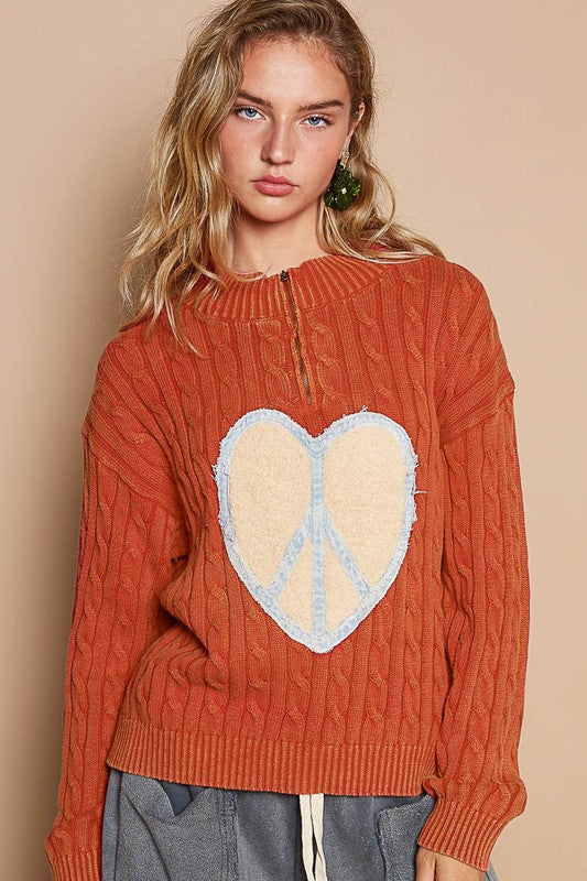 POL Cable-Knit Peace Patch Dropped Shoulder Sweater-TOPS / DRESSES-[Adult]-[Female]-Orange-Red-S-2022 Online Blue Zone Planet