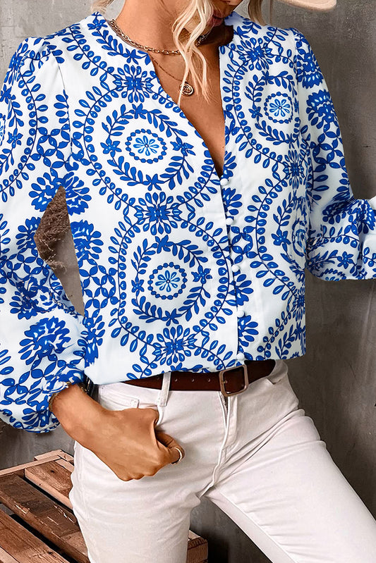 Sky Blue Vintage Geometric Printed Puff Sleeve Slit V Neck Shirt-Tops/Blouses & Shirts-[Adult]-[Female]-Sky Blue-S-2022 Online Blue Zone Planet