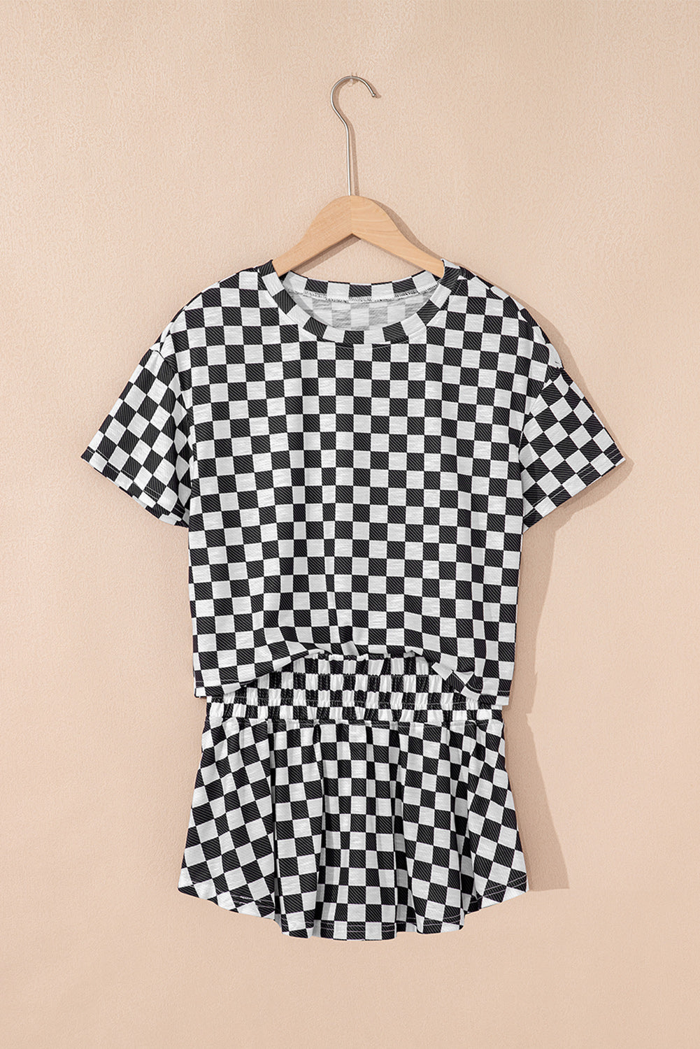 Black Checkerboard T Shirt And High Waist Skorts 2 Piece Outfit-Two Piece Sets/Short Sets-[Adult]-[Female]-2022 Online Blue Zone Planet